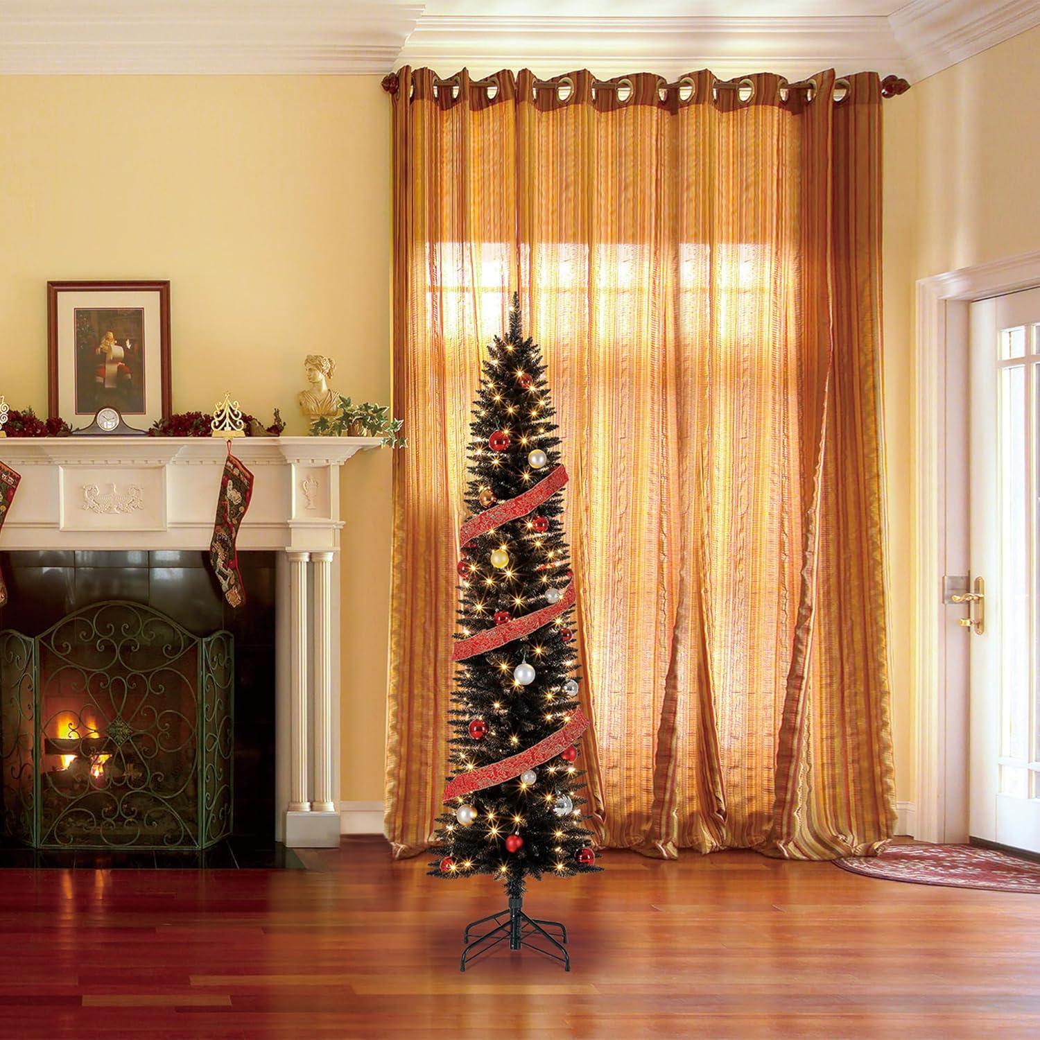 Home Heritage 7 Foot Pencil Slim Artificial Prelit Christmas Tinsel Tree, Black