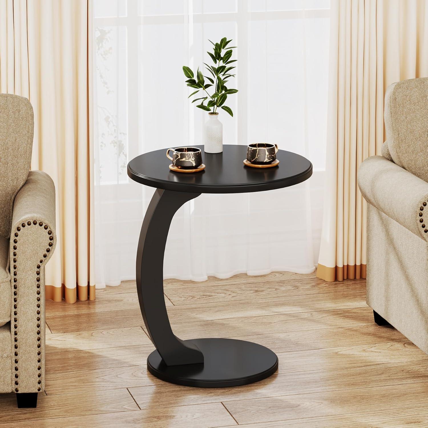 Black Solid Wood Round C-Shaped End Table