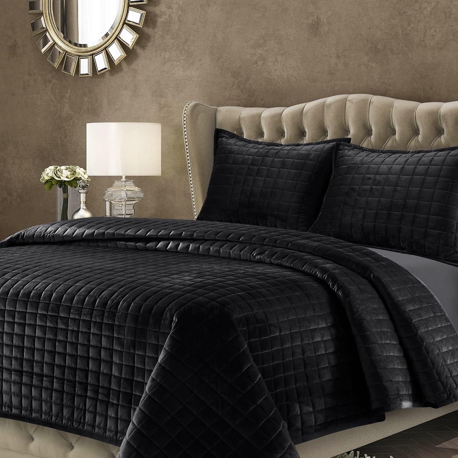 3pc King Florence Velvet Oversized Quilt Set Black  - Tribeca Living