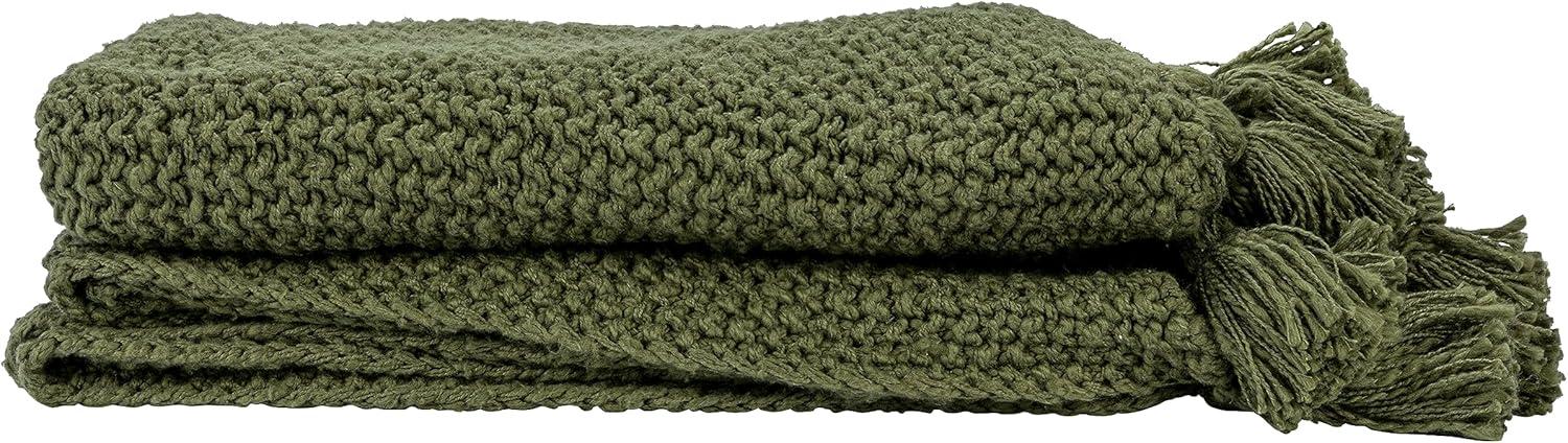 Olive Green Cotton Knit Throw Blanket with Tassels