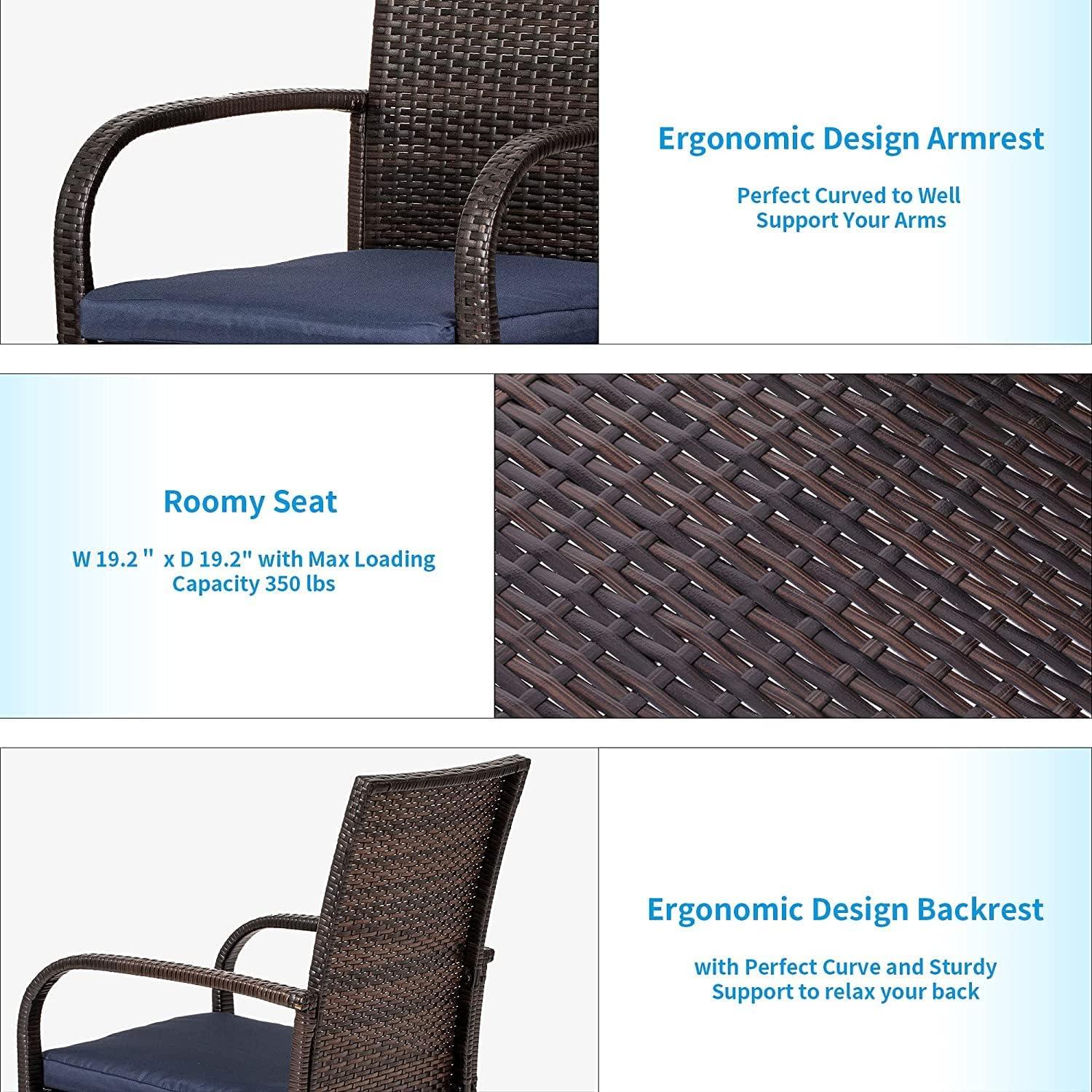 Brown Wicker Outdoor Dining Chairs with Blue Cushions, Set of 2