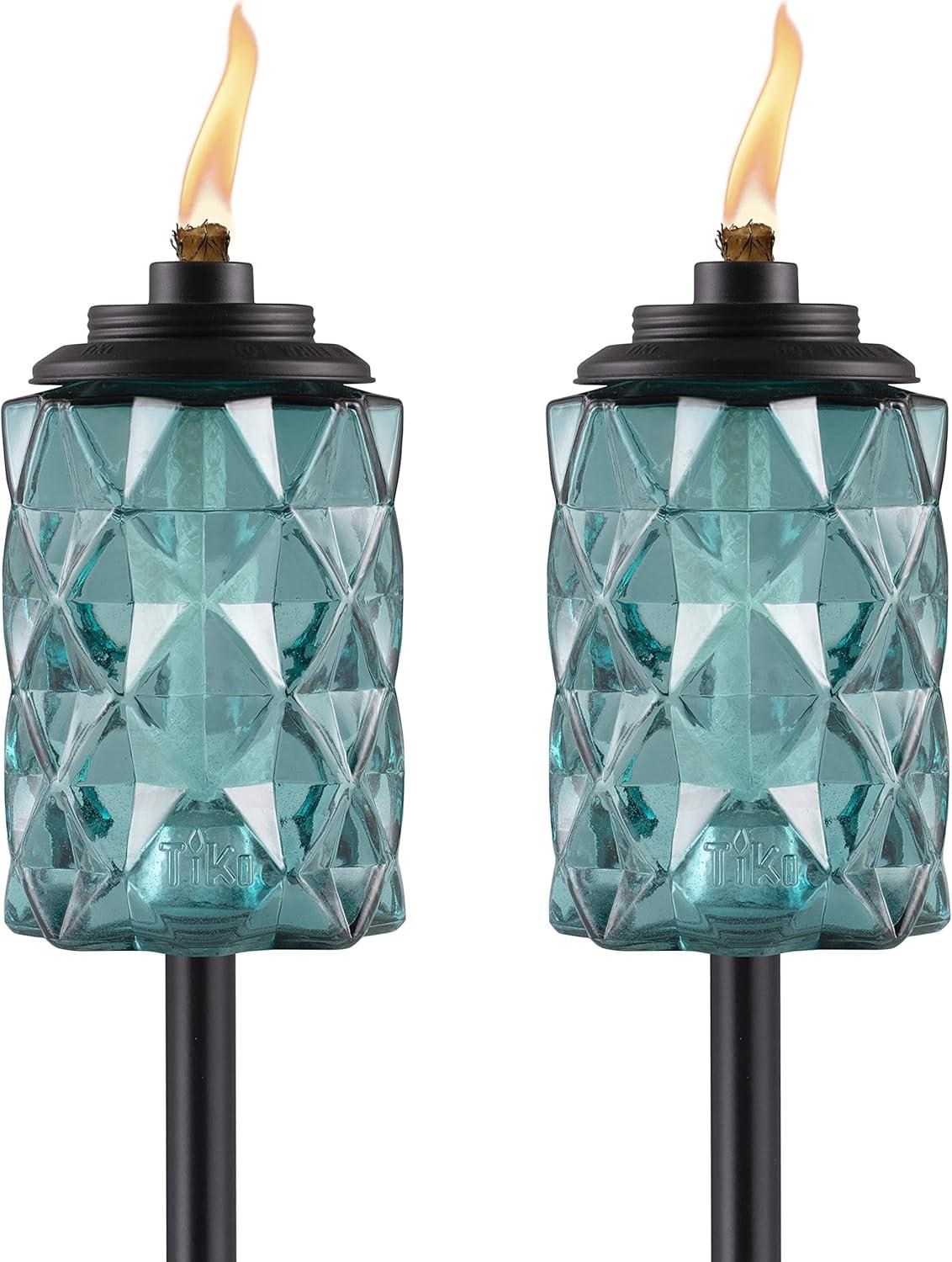 Topaz Blue Glass 65-Inch Outdoor Tiki Torch Set