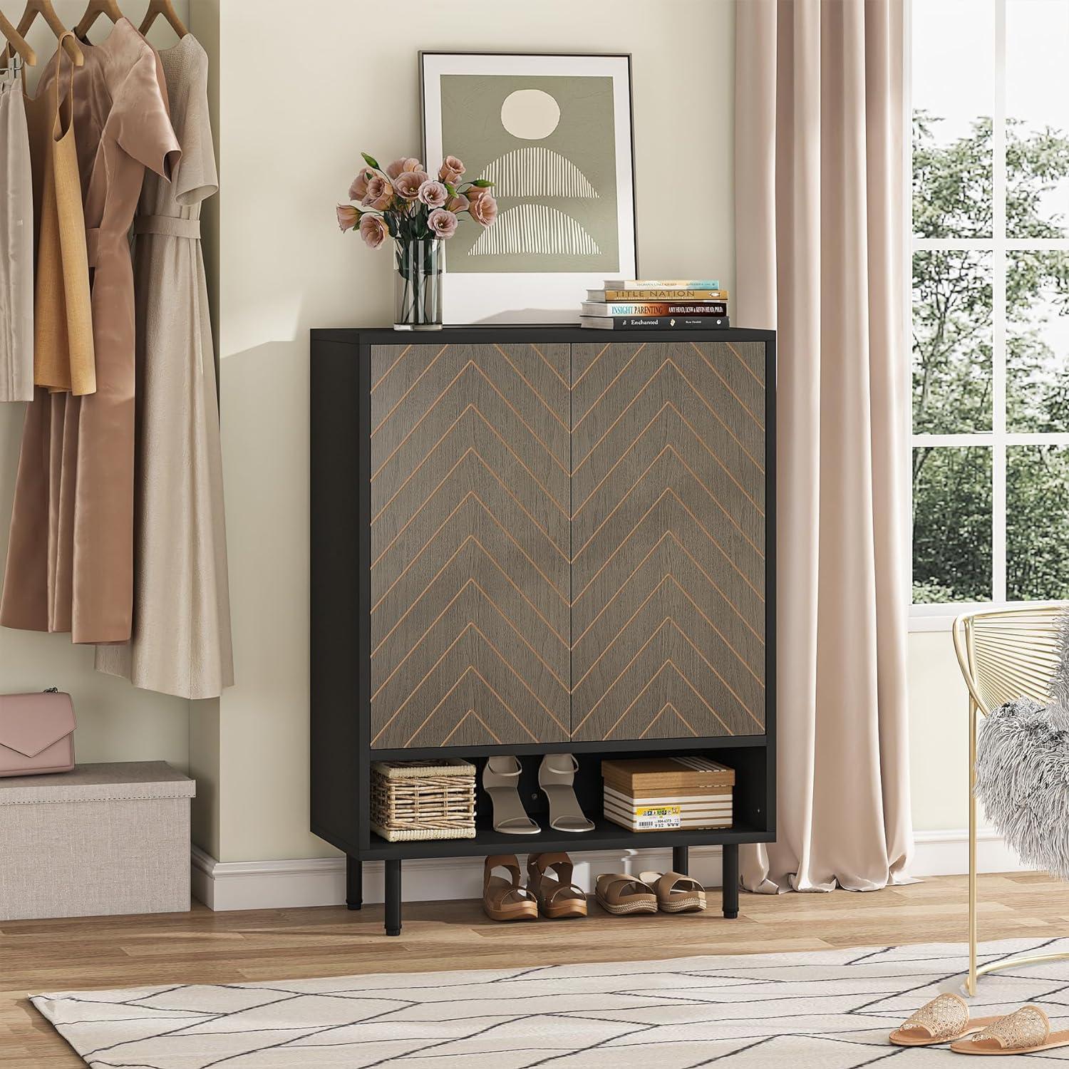 Gray and Black 6-Tier Wood Shoe Cabinet with Herringbone Design