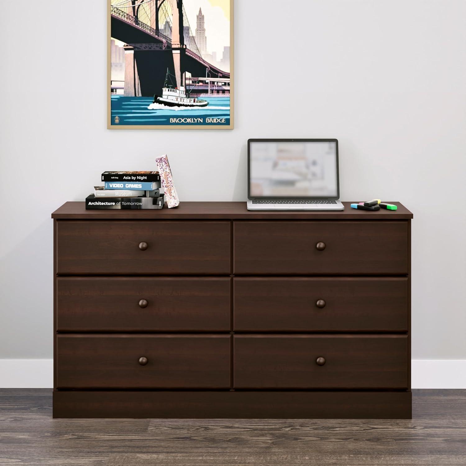 Prepac Astrid Dresser Espresso: Wood Composite Frame, 6-Drawer Storage for Bedroom, 28.25" High