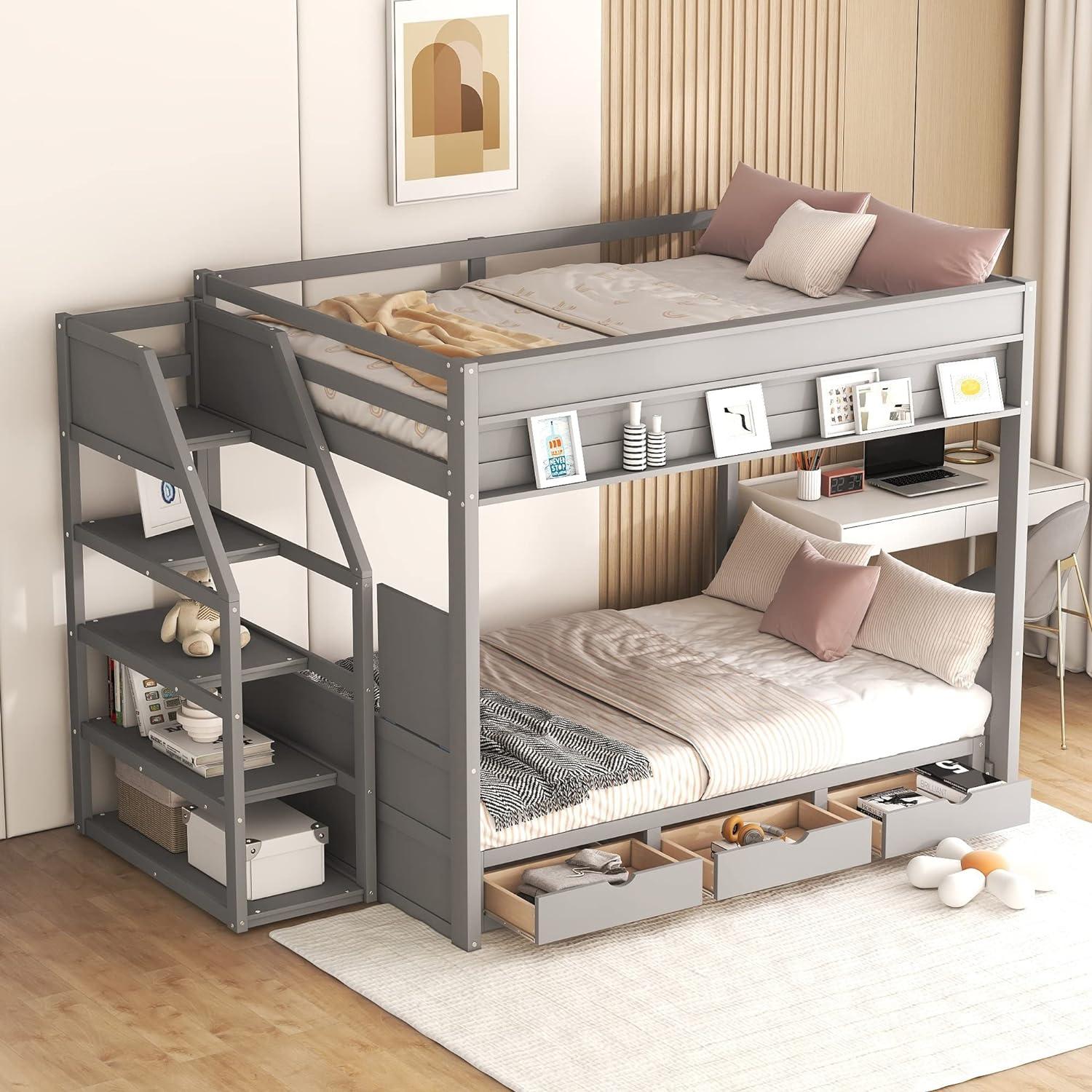 Harper & Bright Designs Full Over Full/Futon Bunk Beds with Stairs and 3 Drawers, Built-in Shelf, Bottom Bed can be Converted into Daybed, Solid Wood Bunk Bed Frame - Gray