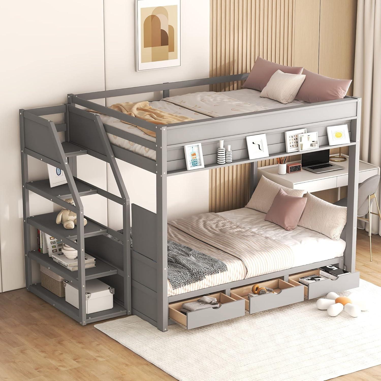 Harper & Bright Designs Full Over Full Bunk Beds with Stairs and Small Shelf, Wood Convertible Bunk Bed can be Converted into Daybed (Gray)
