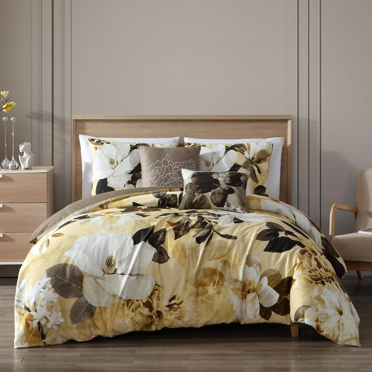 Yellow Magnolia Floral Cotton Queen Reversible Comforter Set