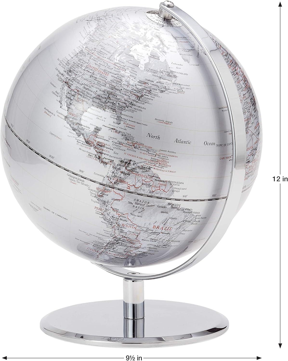 Latitude World Globe by Torre & Tagus | Silver Globe | Globes of the World with Stand | World Globes for Adults | Globe with Chrome Metal Base Stand for Home Office & Living Room Mantle | Silver, 9.5”