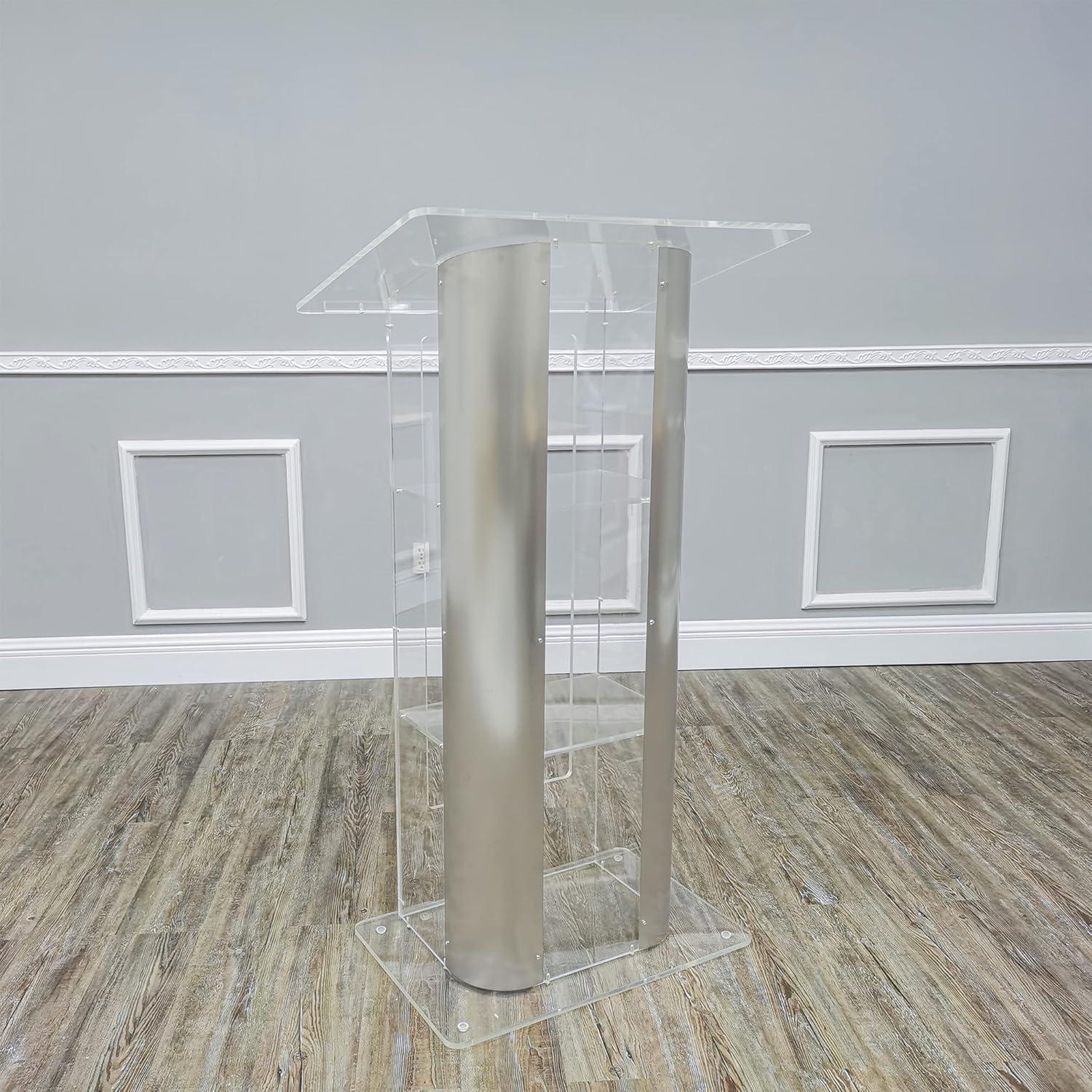 Clear Acrylic Plexiglass Podium Curved Brushed Stainless Steel Sides Pulpit Lectern