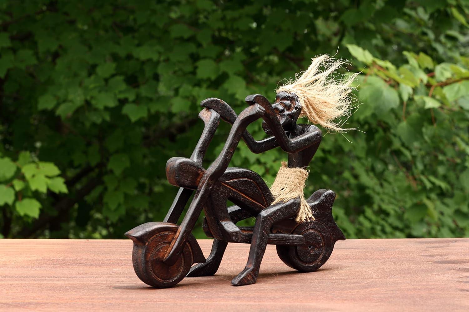 Handmade Wooden Single Primitive Tribal Riding Harley Davidson Statue Motorcycle Sculpture Tiki Bar Unique Gift Wood Home Decor Figurine Hand Carved