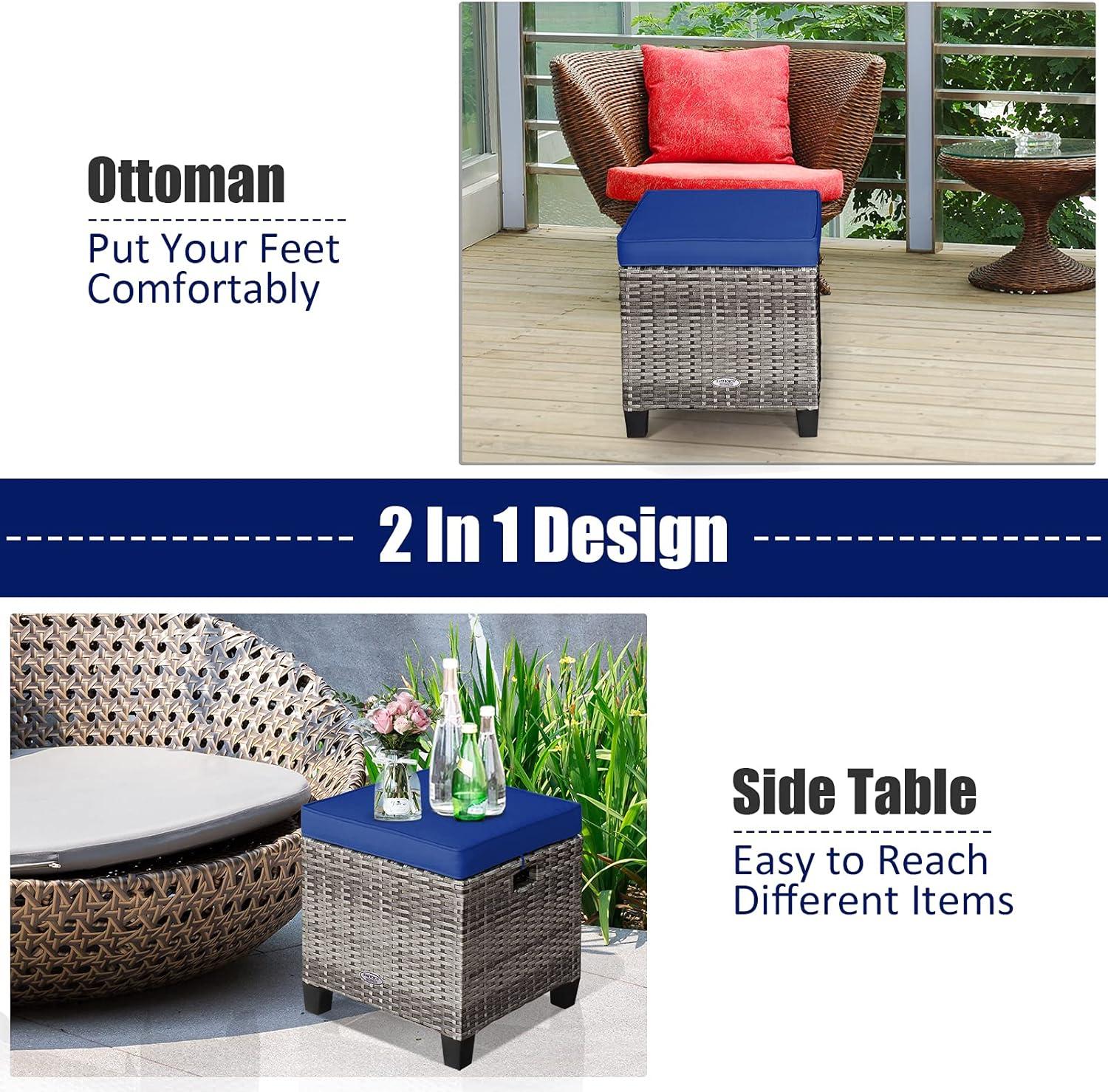 Patiojoy Set of 2 Outdoor Rattan Cushioned Ottoman Seat All Weather Patio Ottoman Footrest Navy