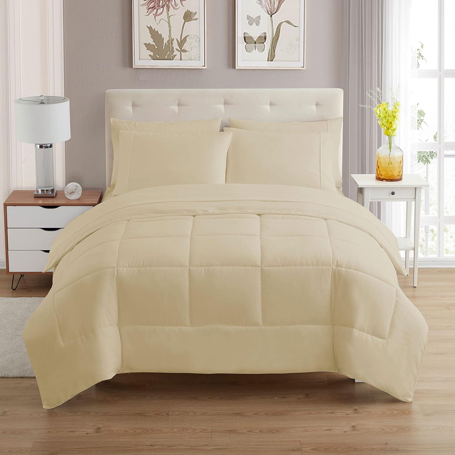 Bed-in-A-Bag Solid Color Comforter & Sheet Set Soft All Season Bedding, Queen, Beige