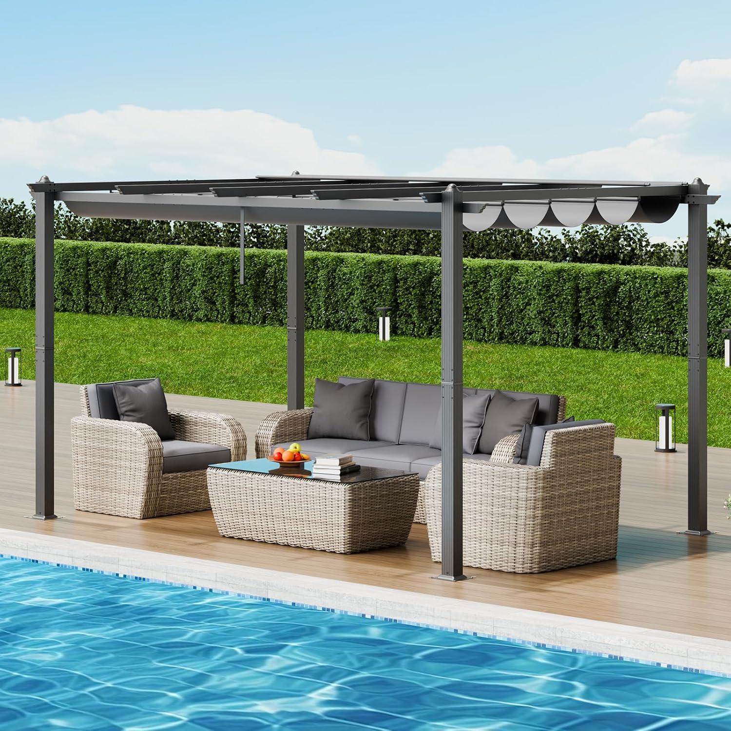 VEVOR 10'x10' Outdoor Retractable Pergola with Canopy, Aluminum Pergola with Retractable Canopy, Modern Style, Sun Shade for Patios, Gardens, Decks, Backyards (Gray)