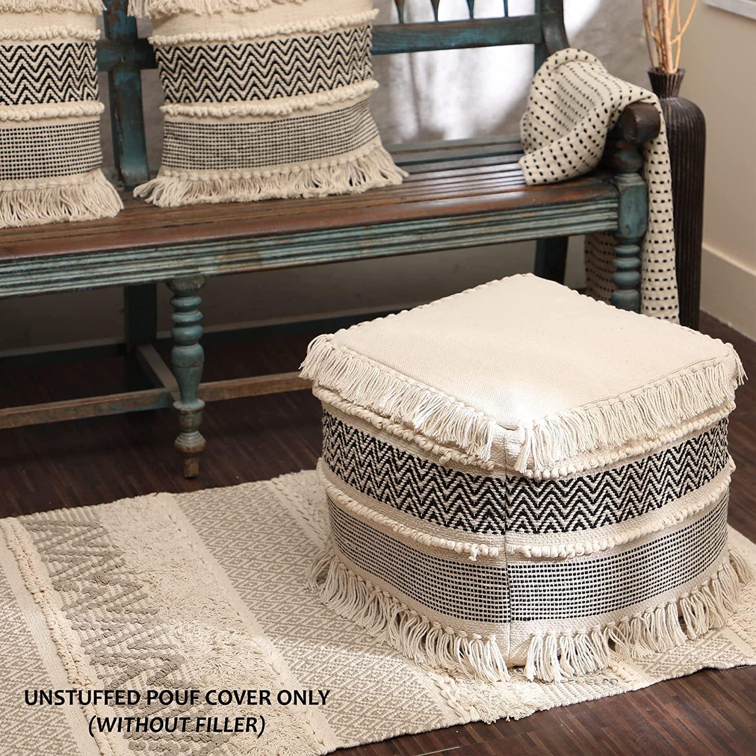 · REDEARTH · UNSTUFFED Pouf Ottoman Cover Boho Textured Storage Square Extra Seat, Farmhouse Poof Pouffe Accent Footrest for Living Room, Bedroom, Nursery, Kidsroom, Study Nook (18x18x18; Black)