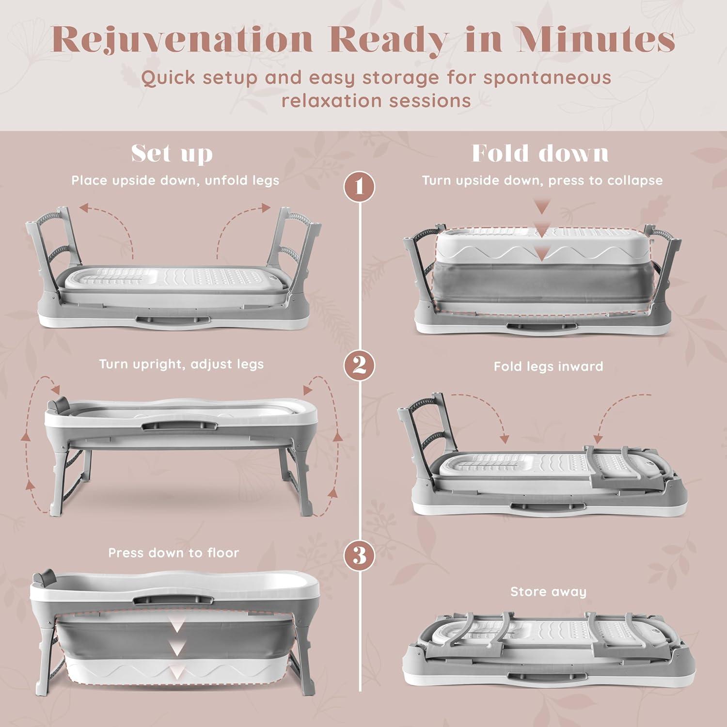 Portable Bathtub for Adult - Large 56'in Foldable Collapsible tub - Ergonomically Designed for the Ultimate Relaxing Soaking Bath. Ideal for Small Spaces - Quick, Effortless Folding Bathtub
