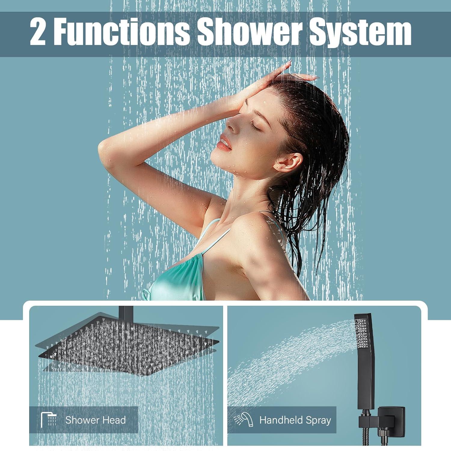 12" Ceiling Mounted Shower Head Pressure Balancing Rain Shower System with Rough-in Valve and Trim Kit