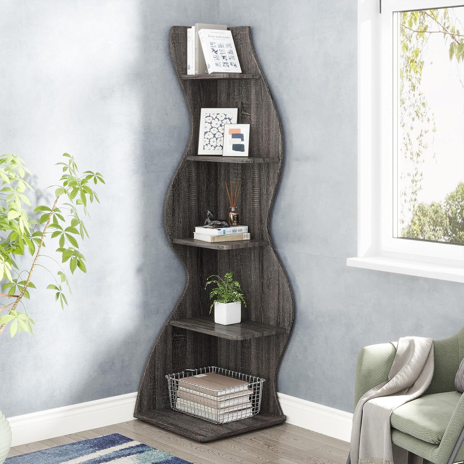 Gray 5-Tier Modern Corner Bookcase with Adjustable Shelves