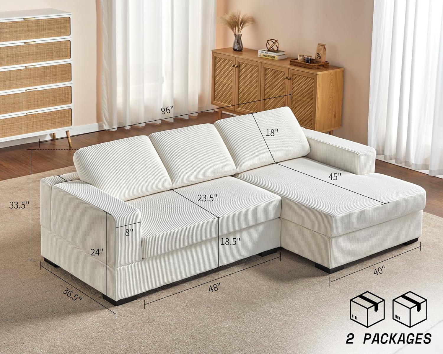 Oversized White Corduroy Three-Piece Sleeper Sectional Sofa