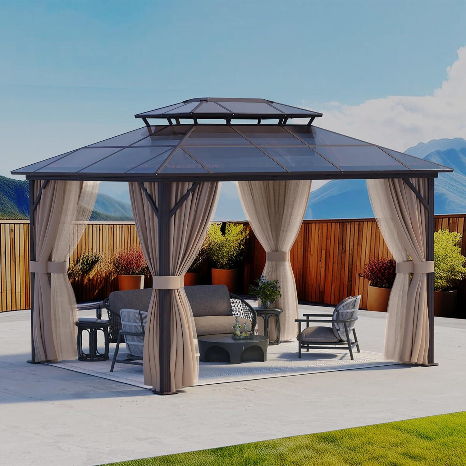 VIVOHOME 10' x 13' Double Roof Hardtop Gazebo, Polycarbonate Roof & Aluminum Alloy Frame with Netting & UV-Proof Privacy Curtain