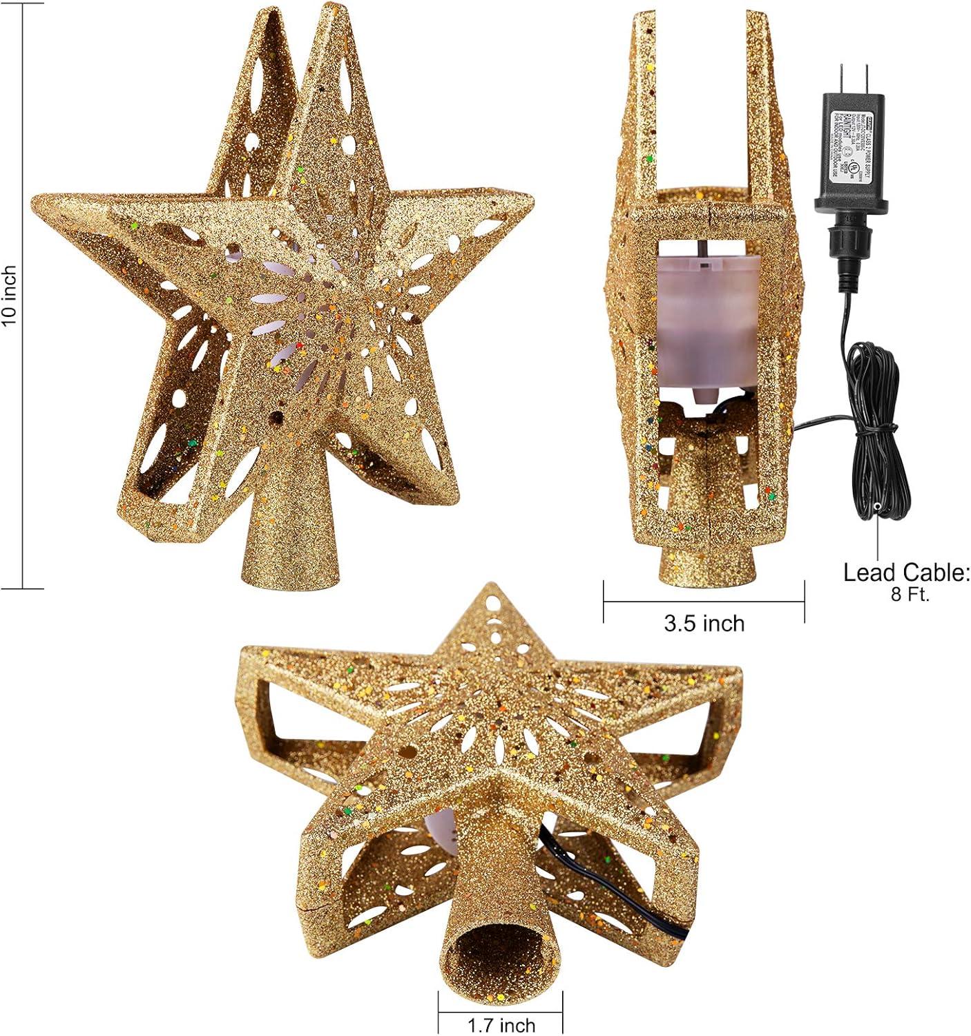 HESHENG Christmas Star Tree Topper with Built-in Led Snowflake Projector Lights Hollowed Pentagram Tree Topper, Plug in Christmas Tree Ornament for Xmas New Year Holiday Decoration