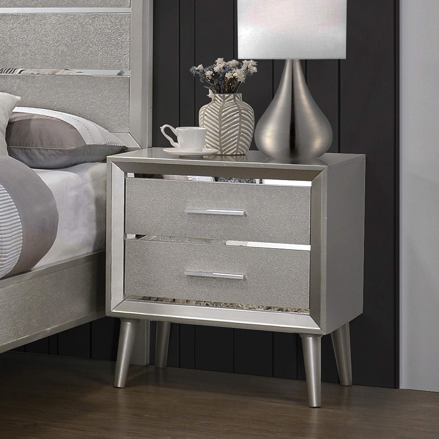 Elegant Transitional 2-Drawer Nightstand in Metallic Silver with Tapered Legs