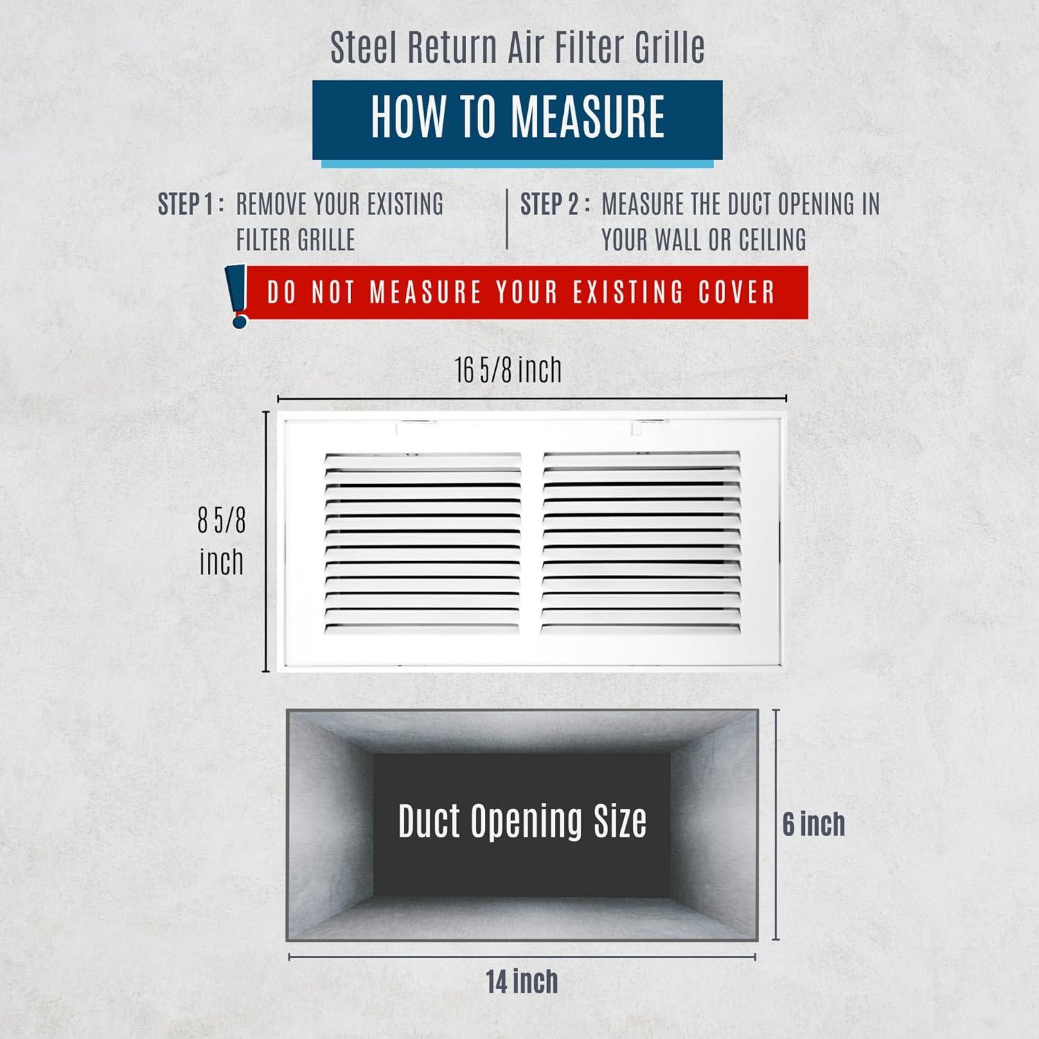 Fits 14x6 Duct Opening | Steel Return Air Filter Grille by Handua [Removable Door] for 1-inch Filters | Vent Cover Grill | White | HVAC Cold Air Intake Grille | Outer Dimensions: 16 5/8"W X 8 5/8"H