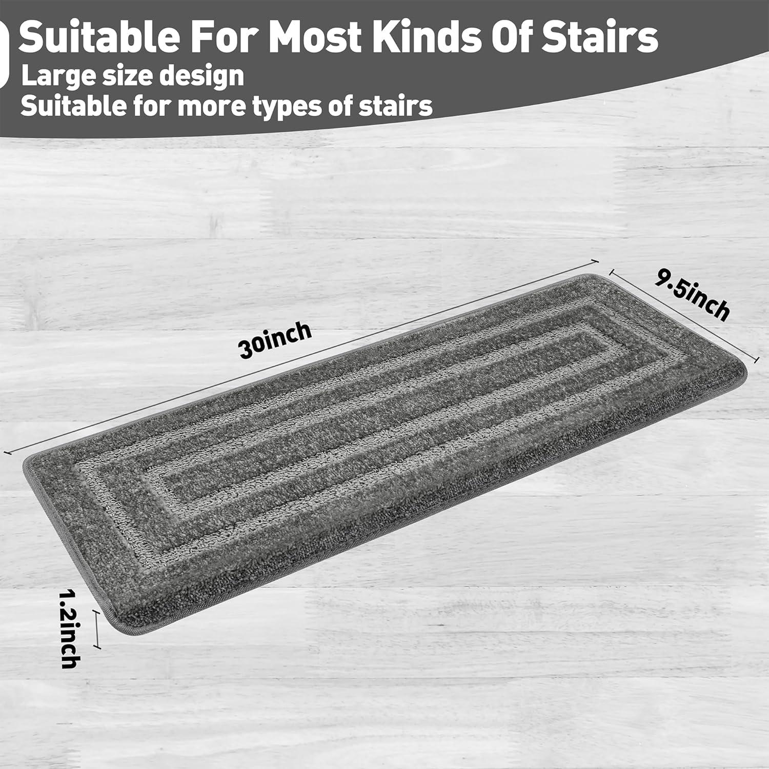 PURE ERA Bullnose Carpet Stair Treads Protectors for Wooden Steps 9.5" x 30"x1.2" Pet Friendly Tape Free Non-Slip (Set of 14 Pieces,Gray Rectangle)