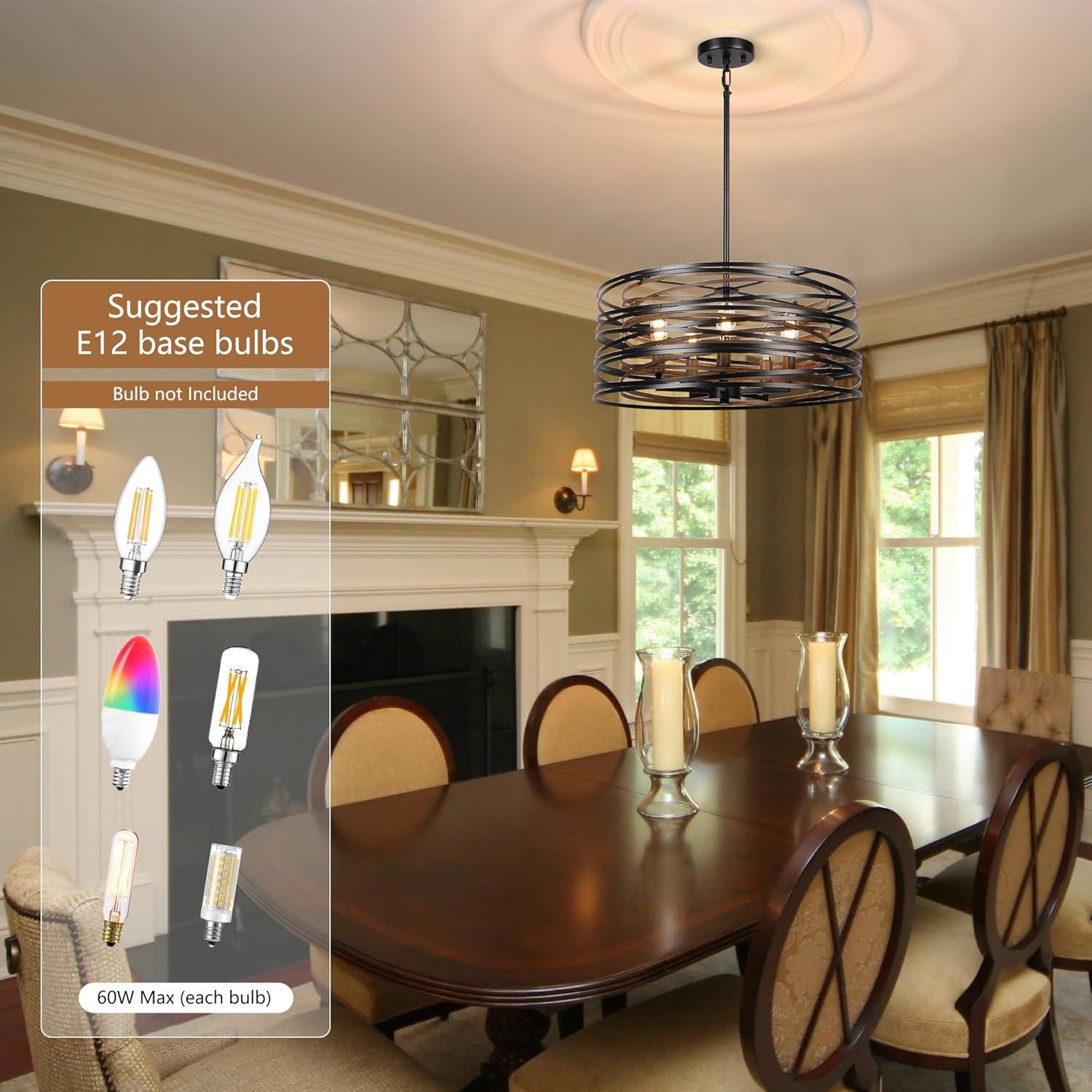 Dining Room Lighting Fixture, 5-Light Farmhouse Black Chandelier Drum Light, Round Metal with Retro Wood Texture Interior, E12 Bulbs Not Included