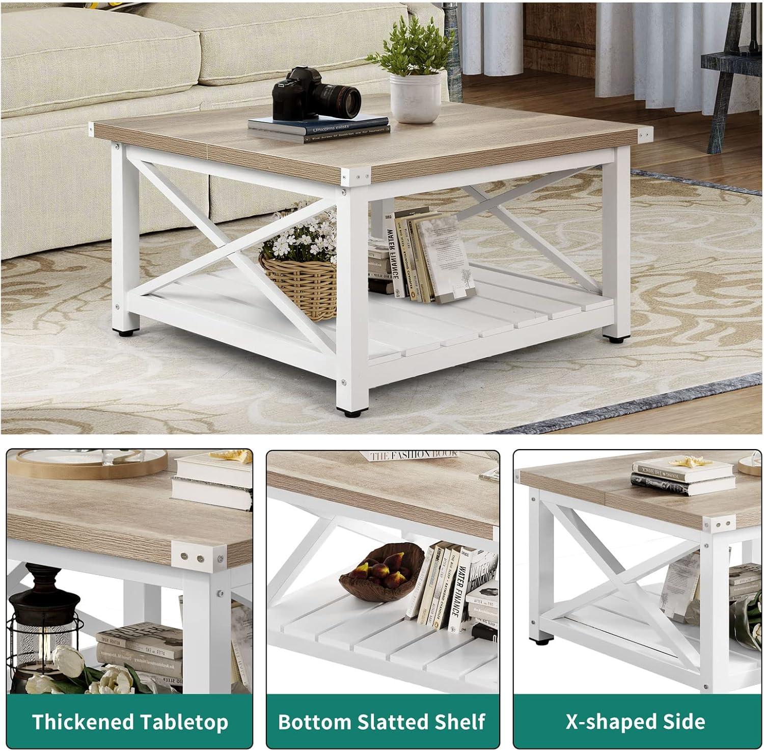 DEXTRUS Farmhouse Coffee Table for Living Room, Square Wood Coffee Table with Open Storage Shelf