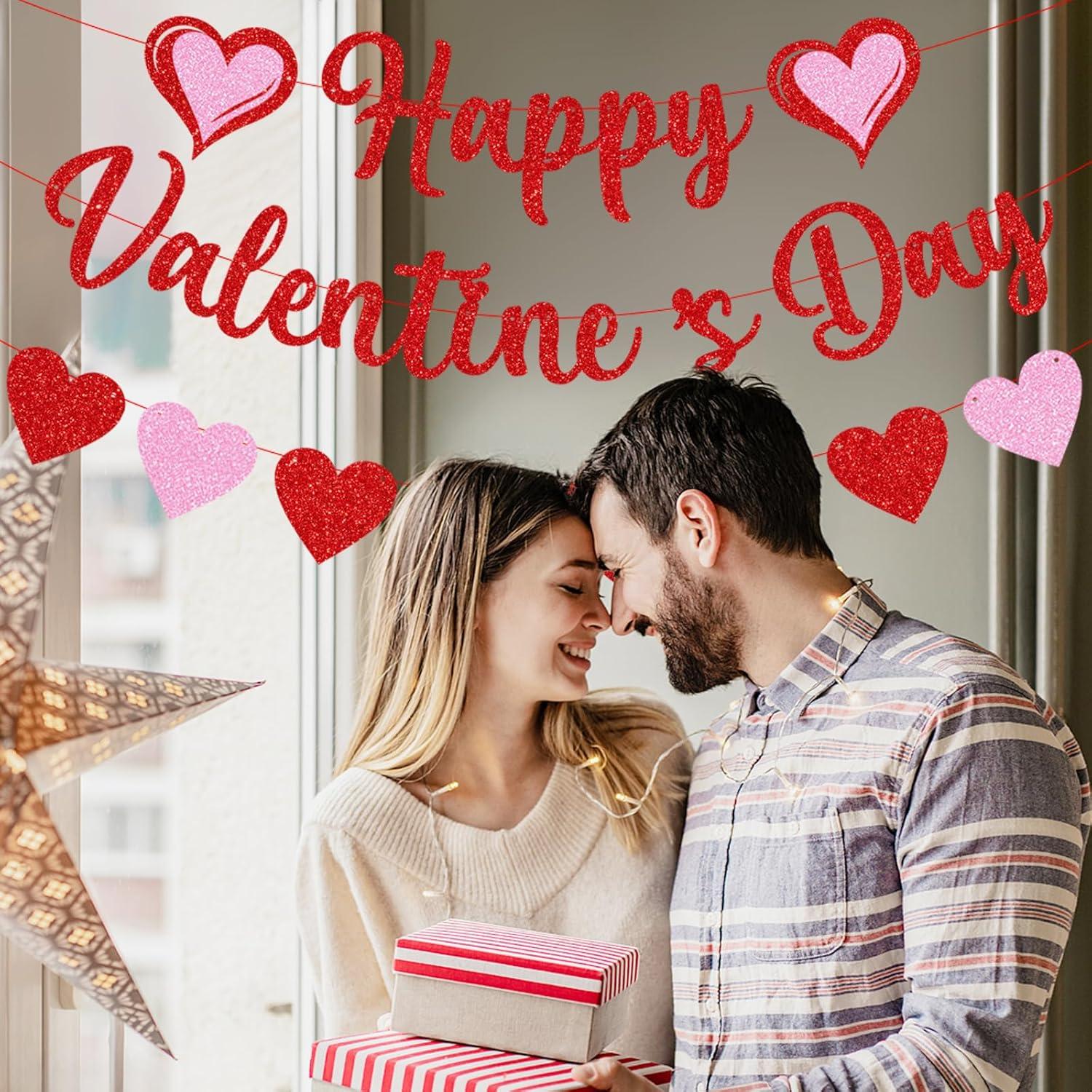 Glittery Heart Valentine's Day Banner, Red & Pink Sparkling Hollow Heart Shape DIY Paper Banner for Wedding Decoration