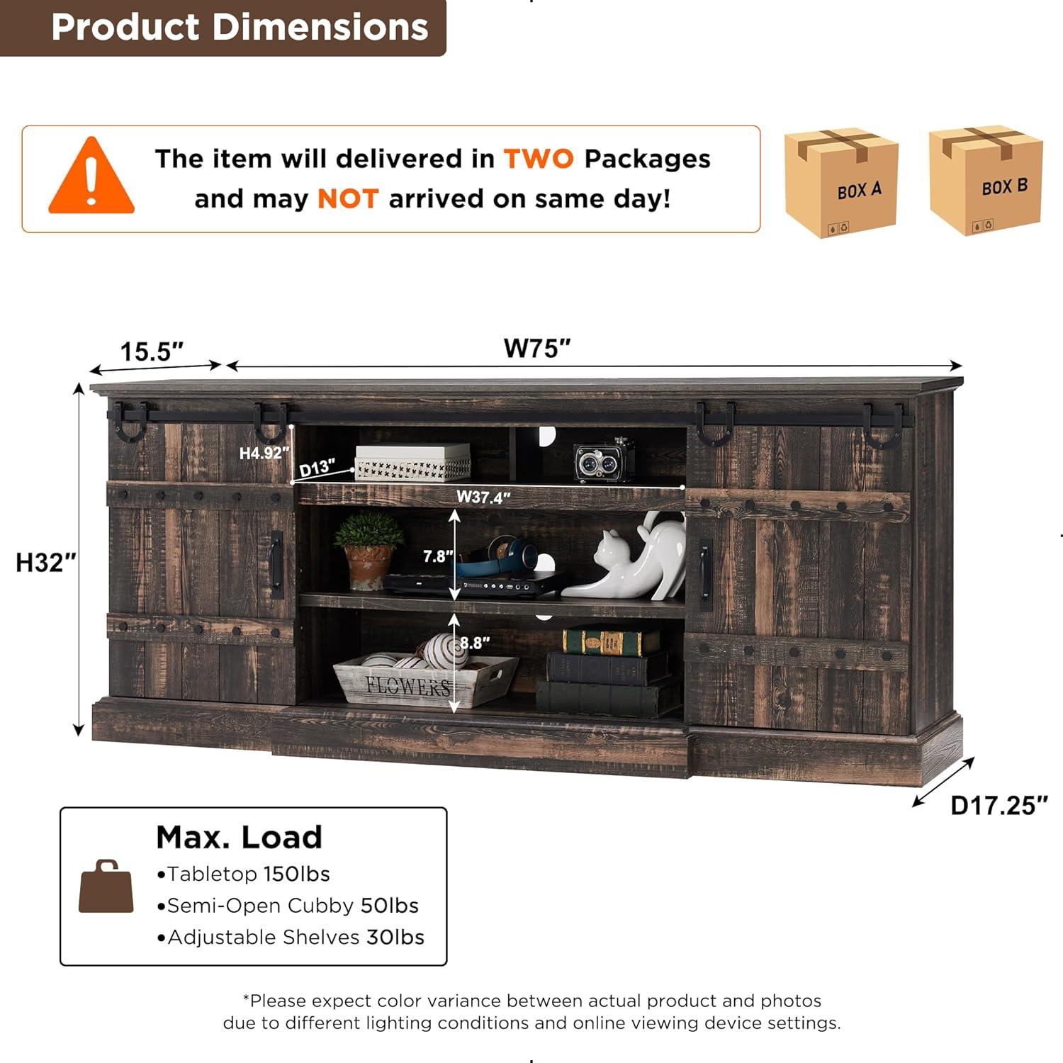OKD 75" Wide Farmhouse Barn Door TV Stand for TVs up to 85", Entertainment Center with Wood Barn Door Storage Console, Dark Rustic Oak