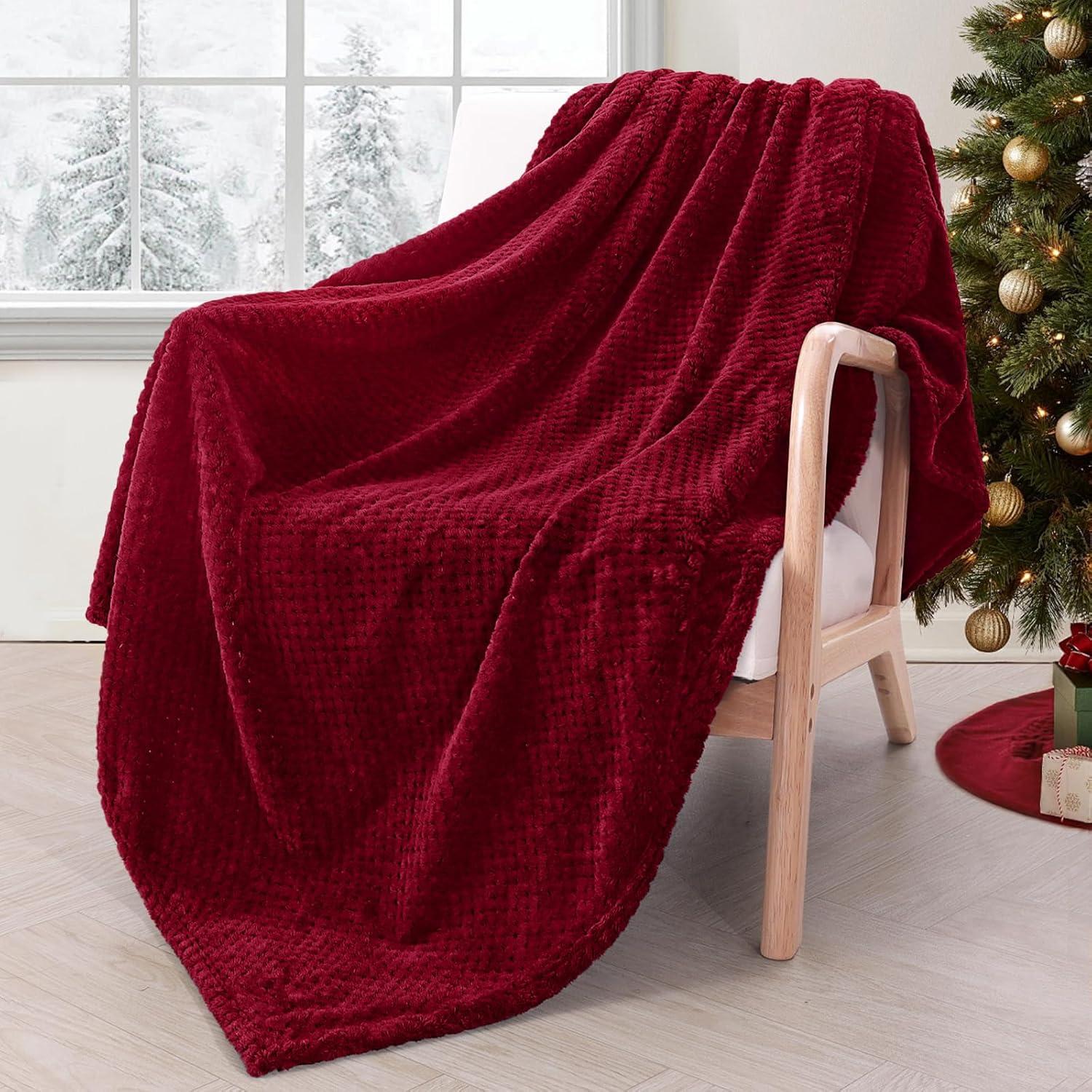 Exclusivo Mezcla Waffle Textured Extra Large Fleece Blanket, Super Soft and Warm Throw Blanket for Couch, Sofa and Bed (Burgundy, 50"x70")-Cozy, Fuzzy and Lightweight