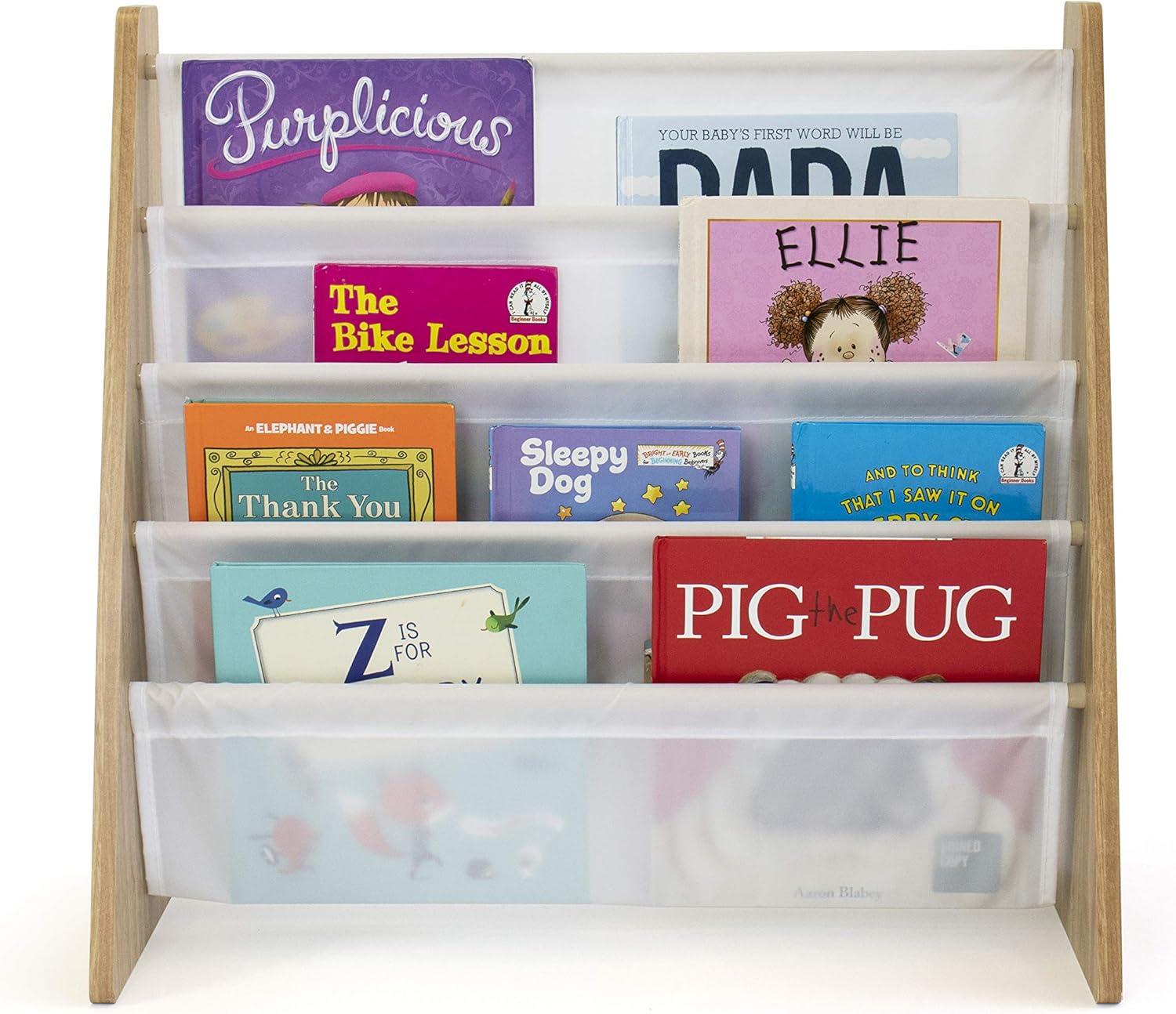 Humble Crew 4-Tier Kids Bookshelf, Natural Wood/White - Premium Book Shelf for Kids Rooms with Four Deep Pockets - Toddler Sling Book Rack with Deep Sleeves, Nursery Bookcase Organizer