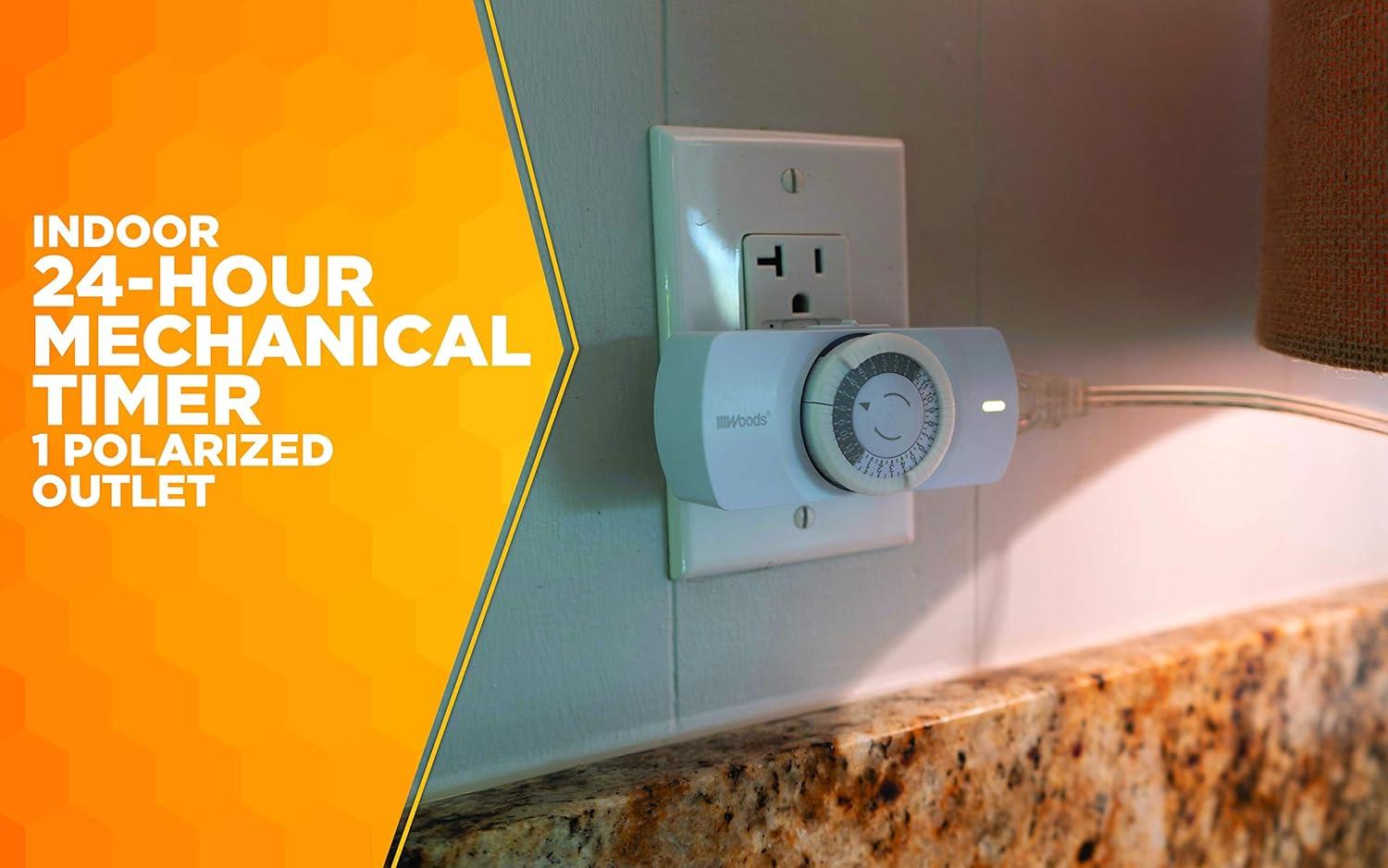 Woods 50101WD Easy-to-use Narrow Style Indoor 24-Hour Mechanical Timer, Single 2-prong (polarized) Outlet, White