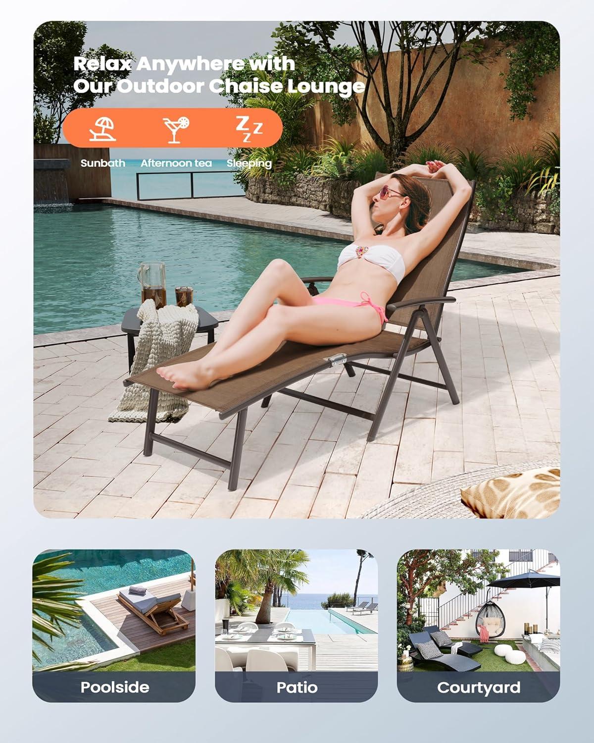 Pellebant Outdoor Chaise Lounge Aluminum Patio Folding Chair,Brown