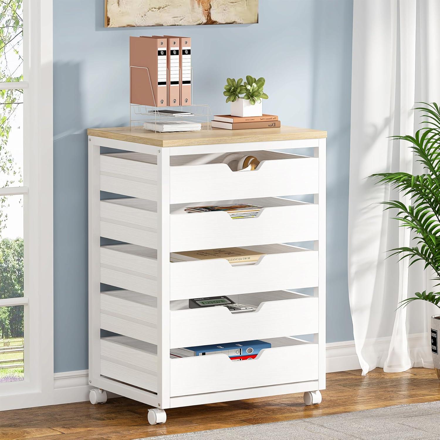 White 5-Drawer Wood Storage Cabinet with Casters