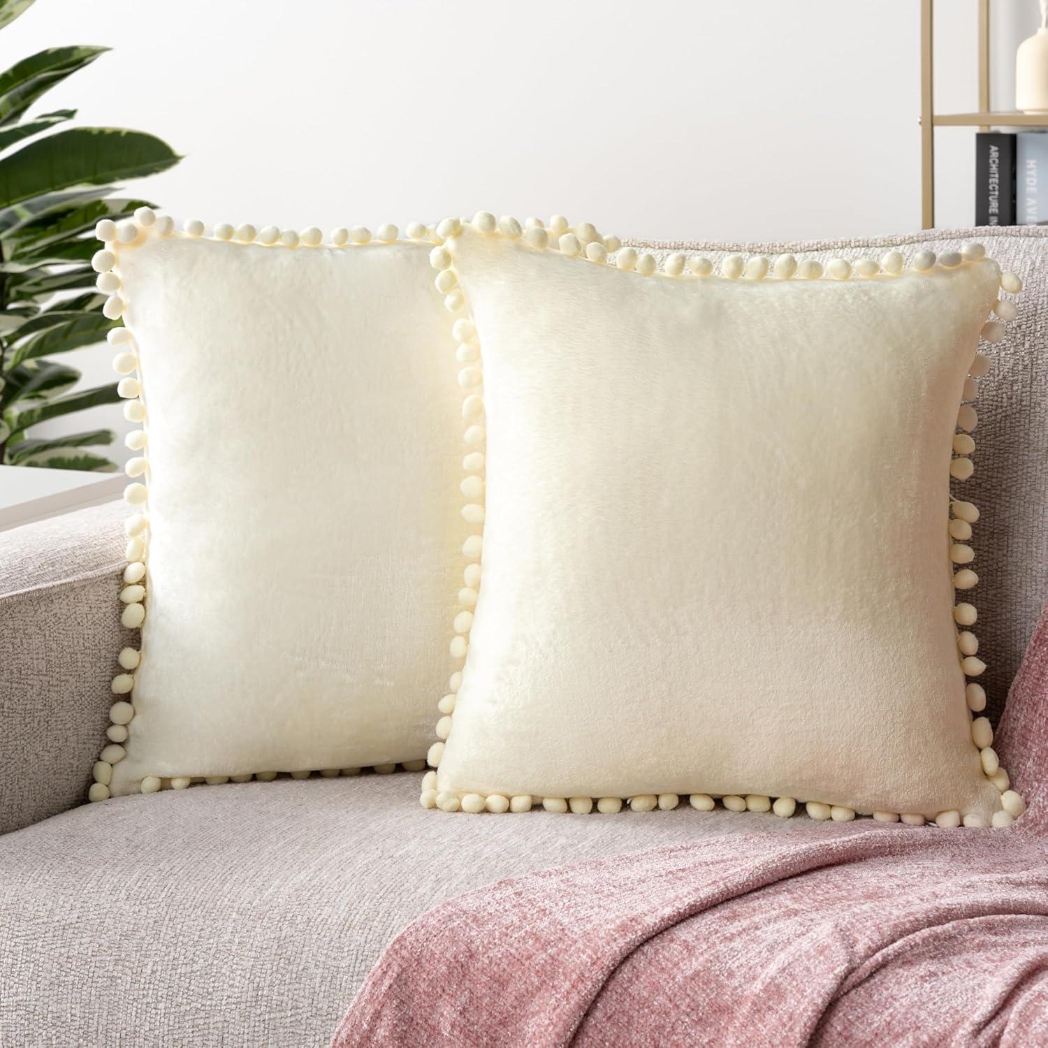 PAVILIA Set of 2 Pom Pom Throw Pillow Covers, Decorative Pompom Fringe Square Cushion Cases for Couch Sofa Bed, Cream/20 x 20