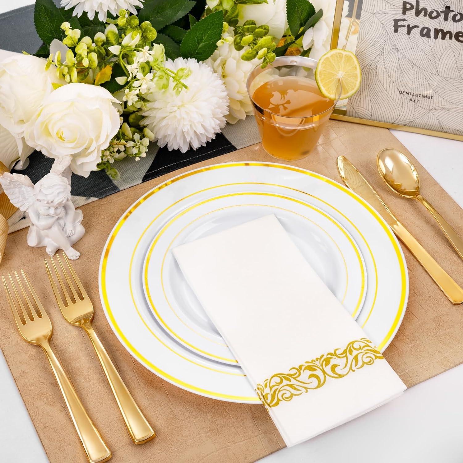 FOCUSLINE 350 Piece Gold Rim Dinnerware Set, Disposable Plastic Plates for Party or Wedding-100 Plastic Plates-50 Plastic Silverware-50 Plastic Cups-50 Linen Feel Napkins(50 Guest)