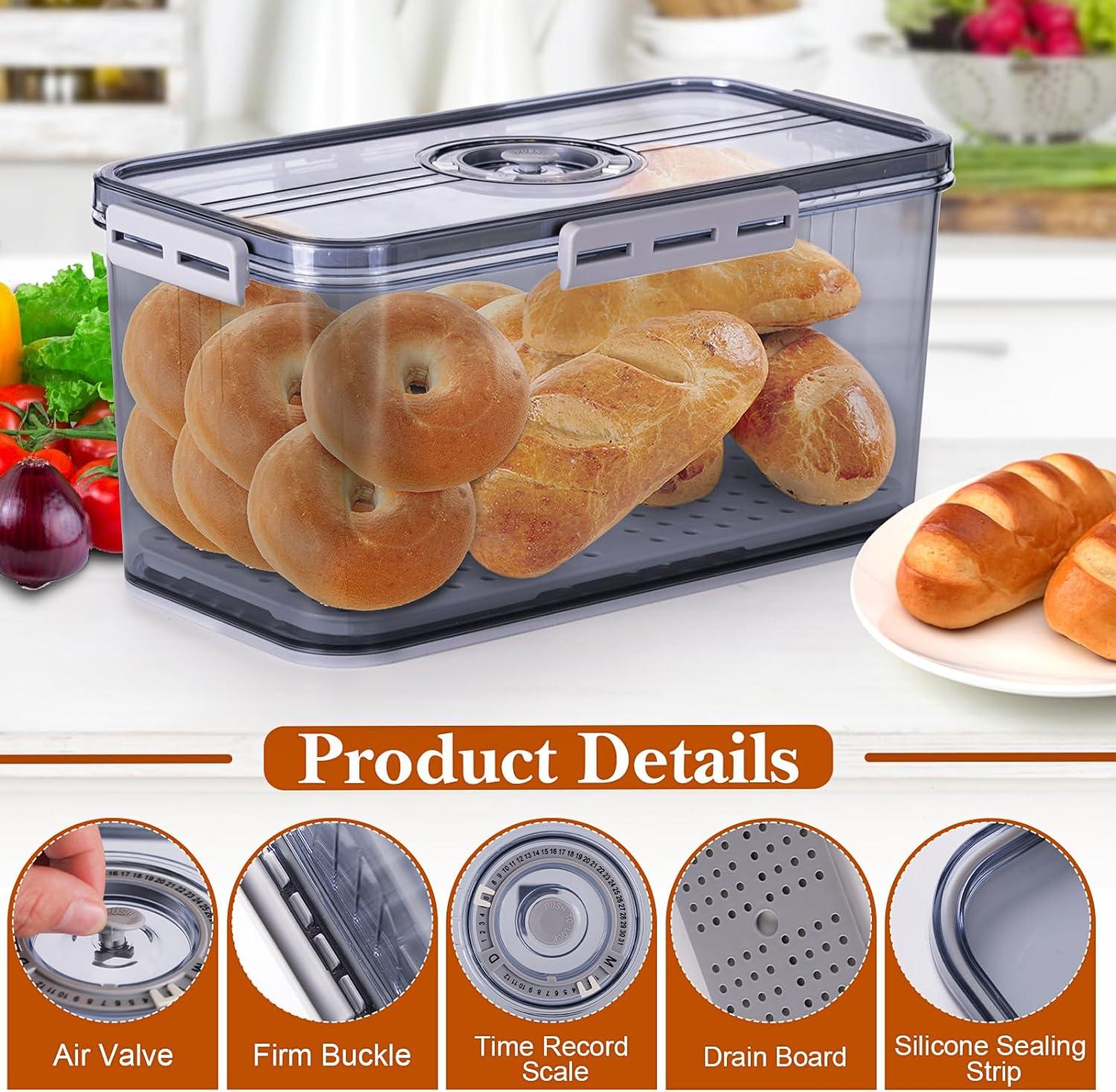 Baodeli Bread Box Bread Boxes for Kitchen Counter Airtight, Time Recording Bread Storage Container with Lid, Bread Keeper for Homemade Bread, Toast, Bagel, Donut and Cookies, Grey