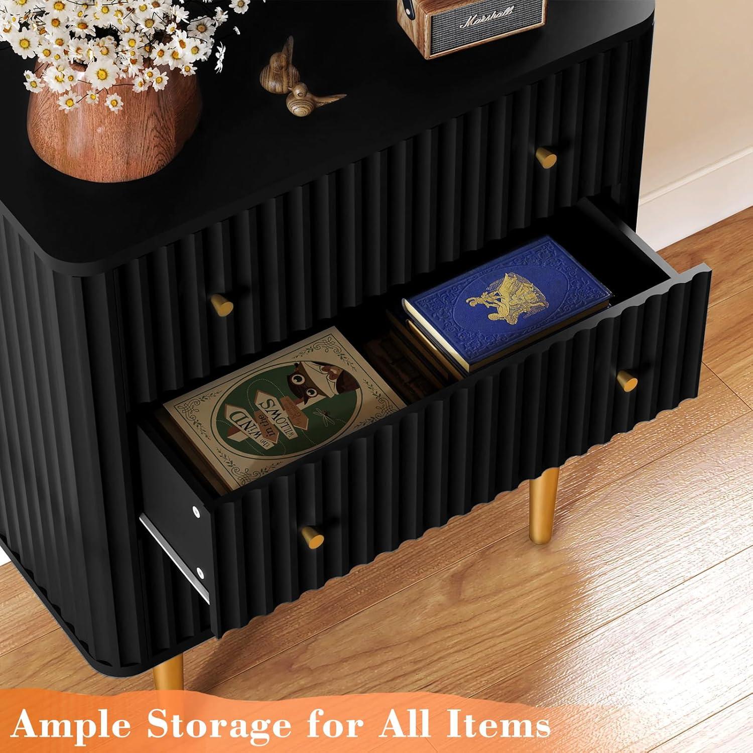 Black Vertical 3-Drawer Dresser with Gold Legs