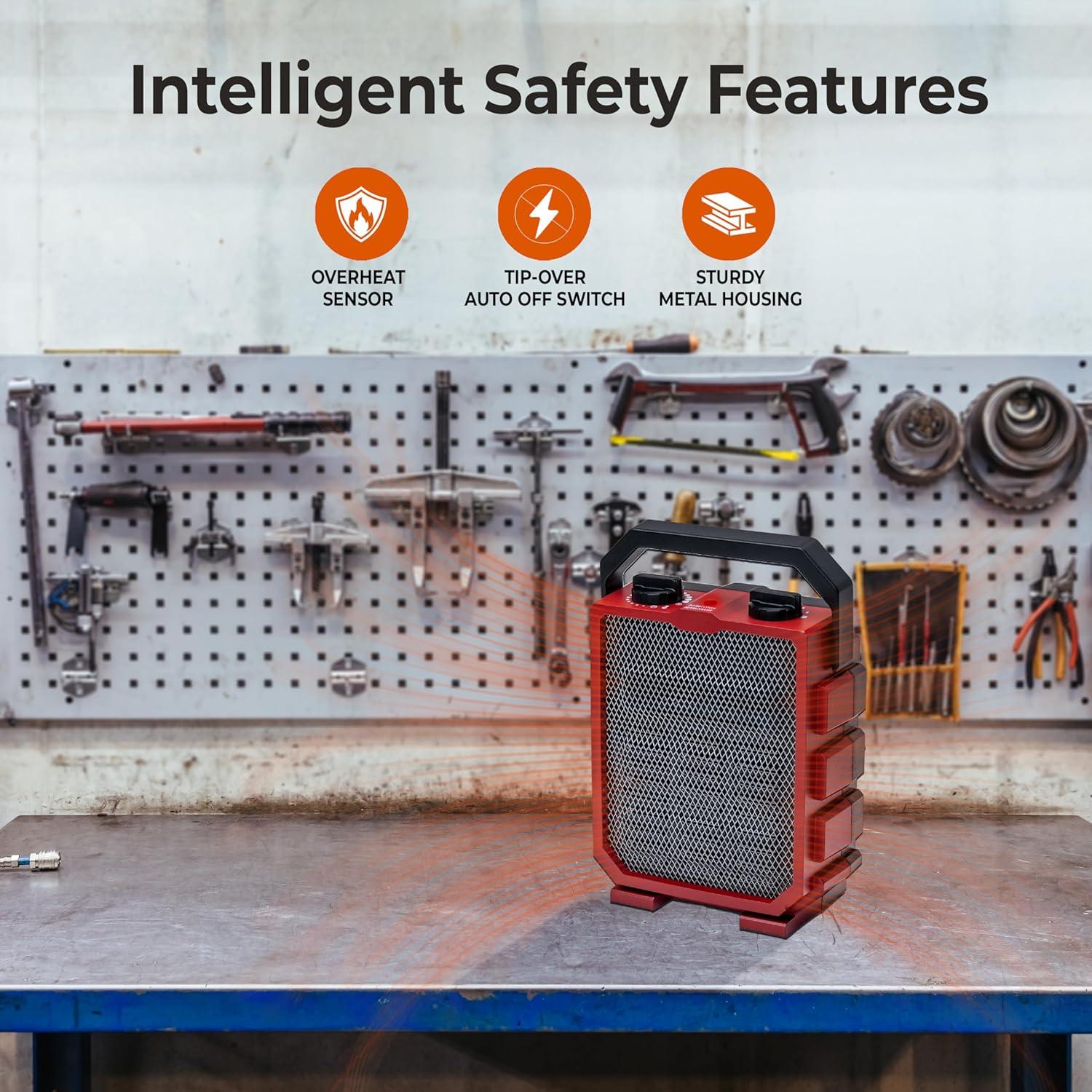 Comfort Zone Utility Space Heater with Foldable Handle for Indoor Use, Adjustable Thermostat, Fan Only Setting, Safety Tip-Over Switch & Overheat Protection