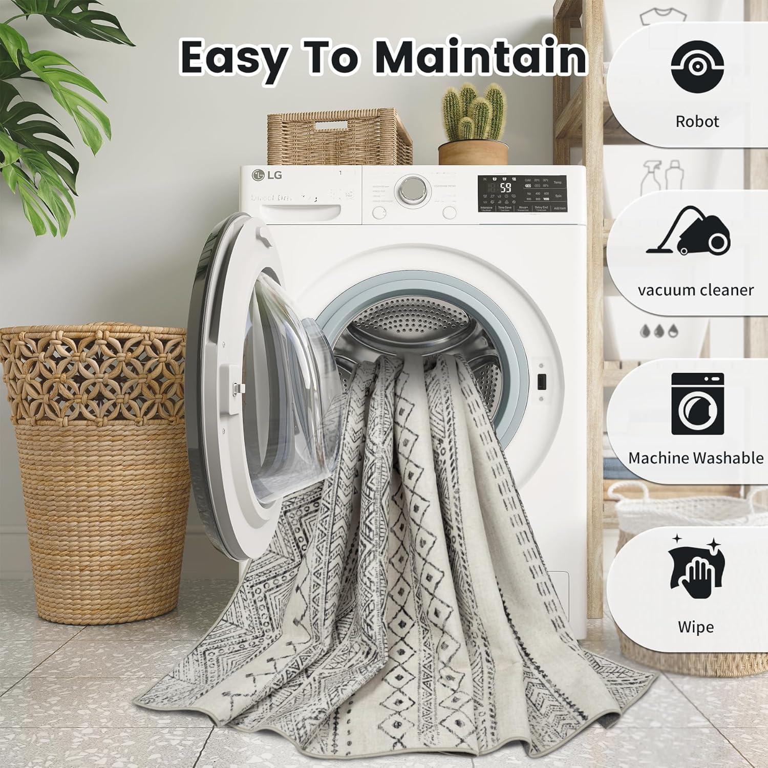 FairOnly 9'x12' Brown White Area Rugs Machine Washable Vintage Rugs for Bathroom Geometric Moroccan Ultra-Thin Area Rugs for Family Room Living Room Carpet