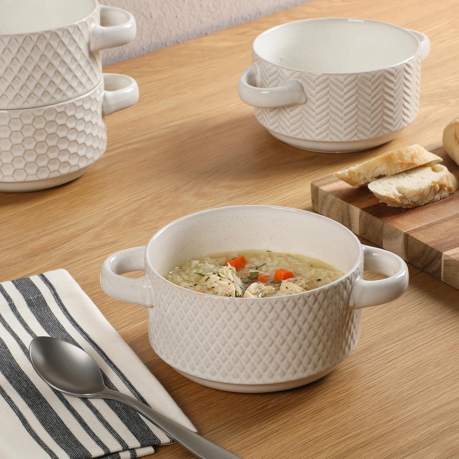 Gibson Elite Gibson Elite Oyster Tide Embossed 6 Inch Soup Bowls with Handles. French Onion Soup Crocks, Stackable Soup Bowl, Chili, Beef Stew Reactive Glaze  Stackable Ceramic Bowl, Set of 4, White
