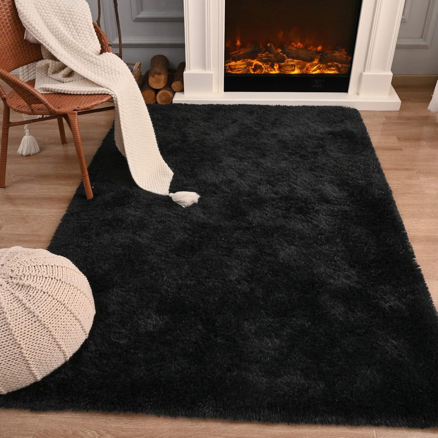 Bailu Fluffy Black Rug for Living Room,5x8 Area Rugs,Thick Plush Shag Rug,Shaggy Rugs for Bedroom,Big Fuzzy Carpet,Comfy Kids Rugs,Large Living Room Rugs,Living Room Decor