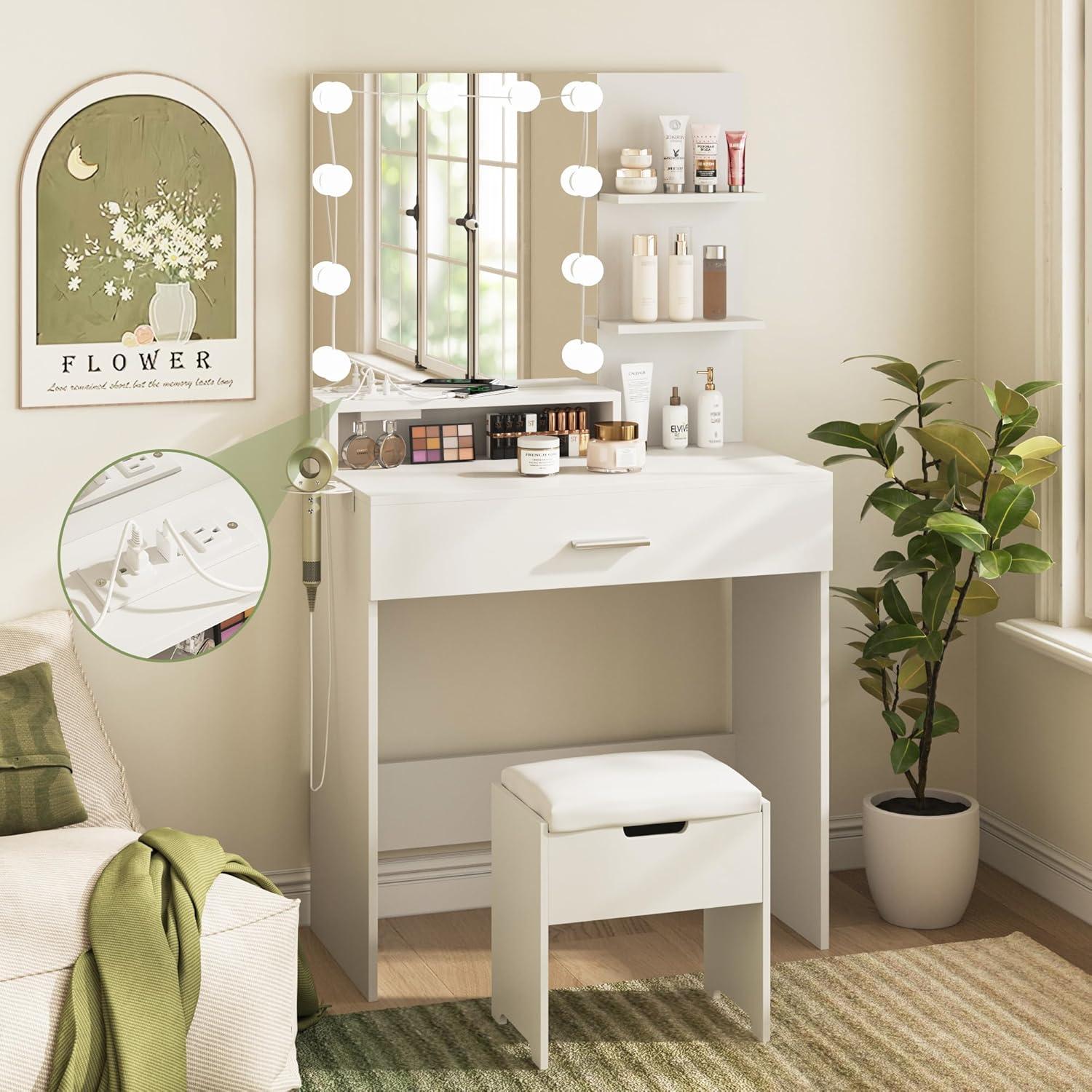 Vabches Small Vanity Desk with Mirror and Lights, Makeup Vanity with Storage Chair & Power Strip,Girl Dressing Table Set with Drawer for Bedroom,3 Lighting Modes,Brightness Adjustable,White