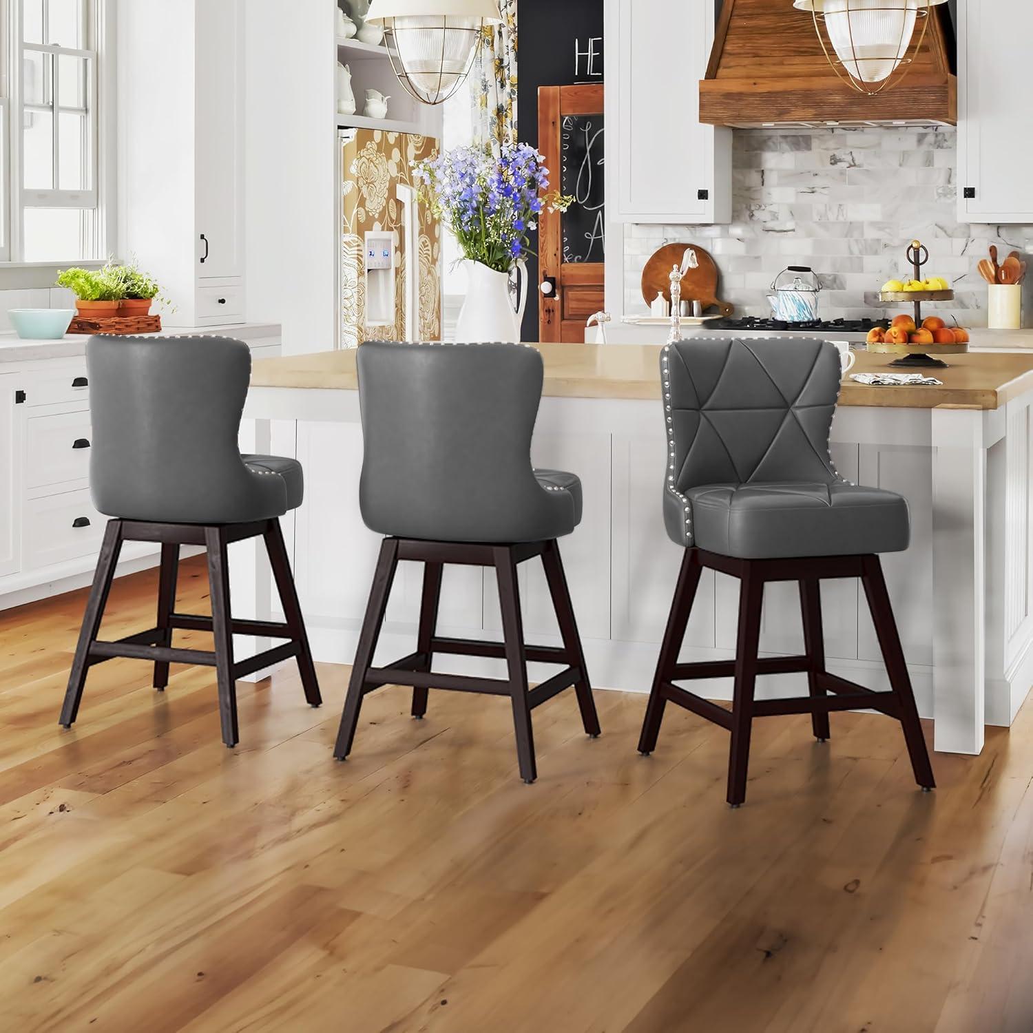 Dycanpo 26" Swivel Bar Stool Set of 3 with Upholstered Back, for Home Kitchen, Dark Gray