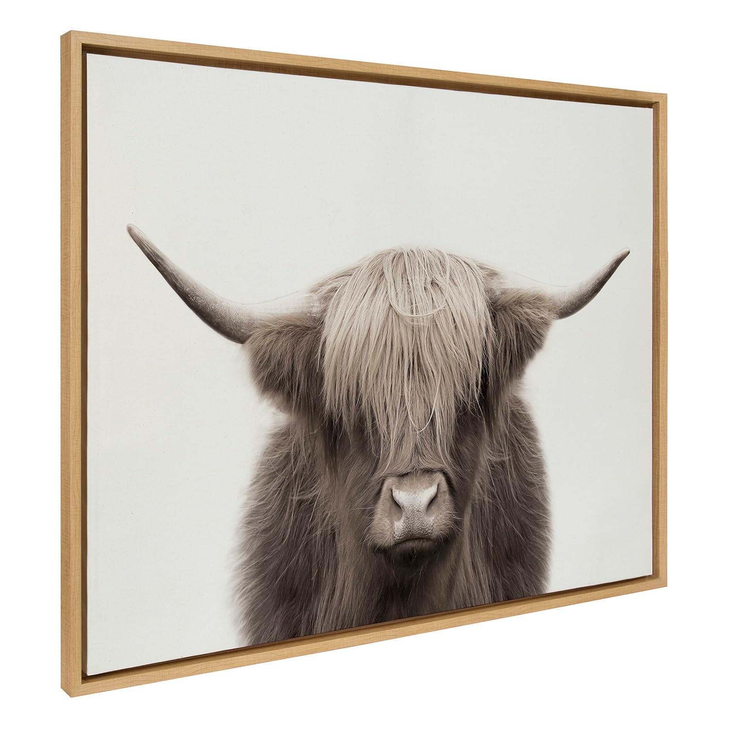 Kate and Laurel Sylvie Hey Dude Highland Cow Color Framed Canvas by The Creative Bunch Studio, 31.5 x 41.5, Natural