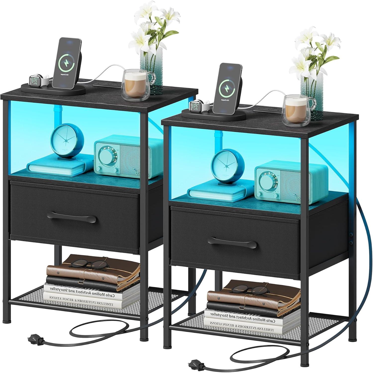 End Table with Charging Station, Narrow Side Table with 2 Fabric Drawers, Skinny Nightstand with LED Light, Slim Bedside Table for Bedroom, Living Room, Small Spaces, White