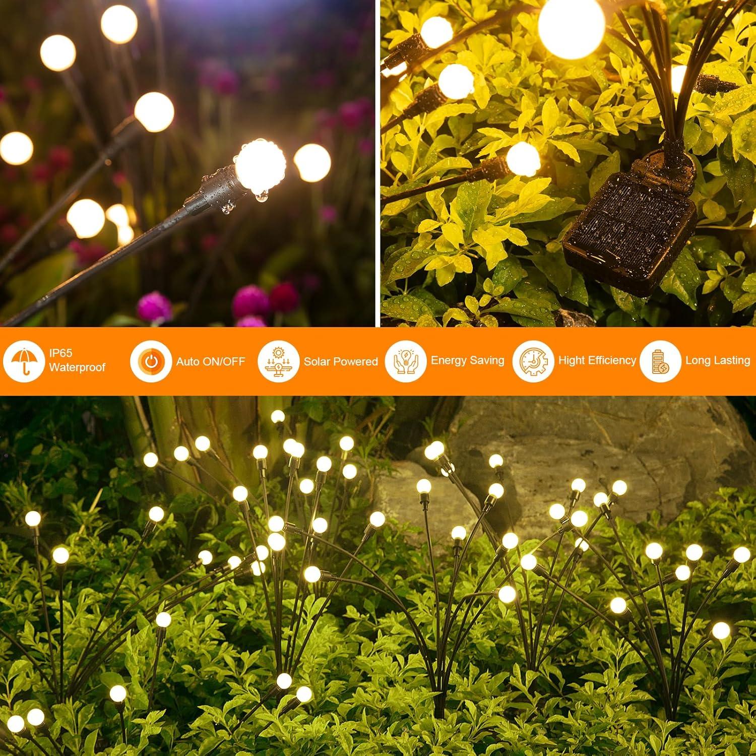 4 Pack Firefly Garden Lights Solar Outdoor: Solar Firefly Lights Outdoor Waterproof, 32 LED Solar Powered Firefly Lights, Swaying by Wind, Solar Lights for Outside Garden Decoration (Warm White)