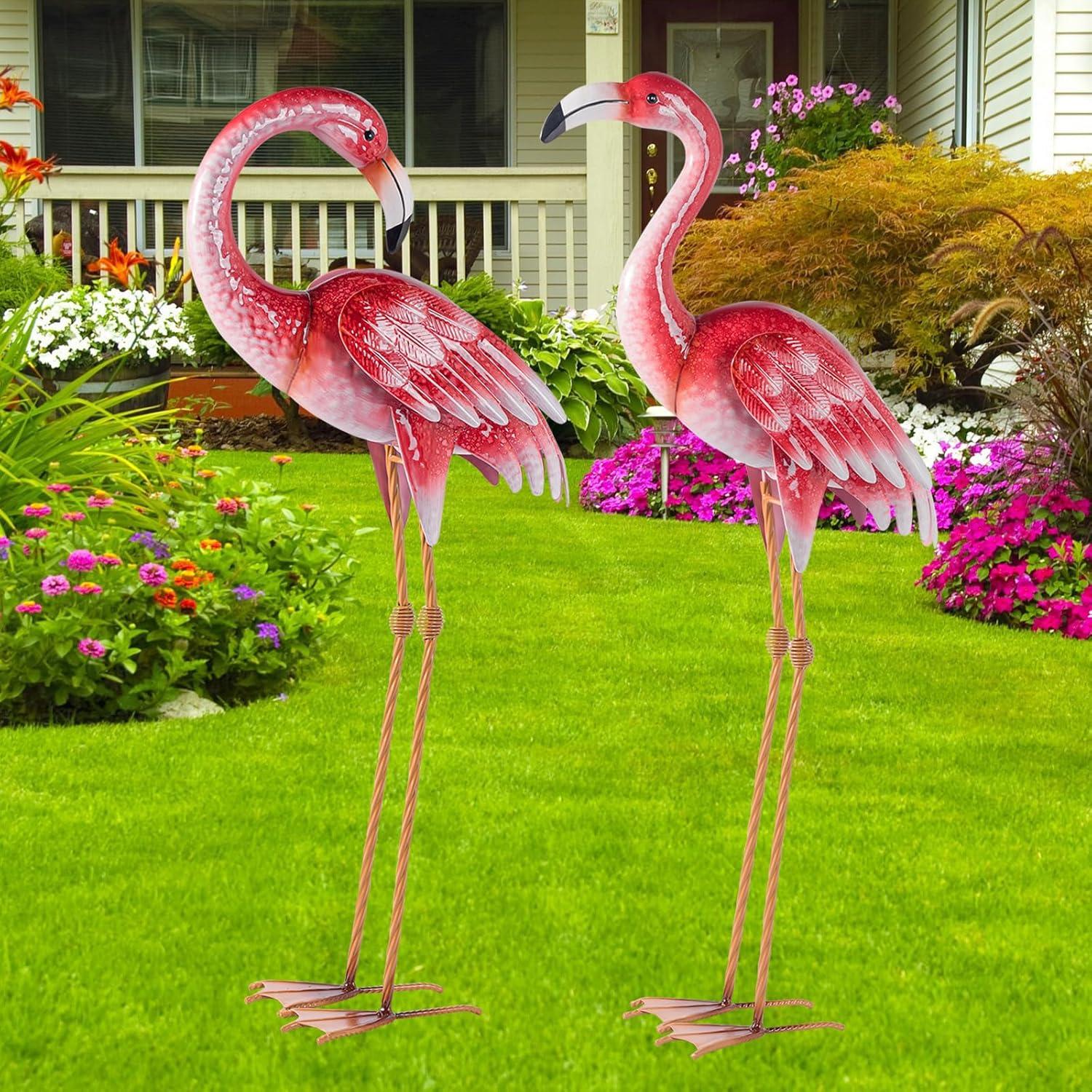 Pink Metal Flamingo Garden Statues, Set of 2